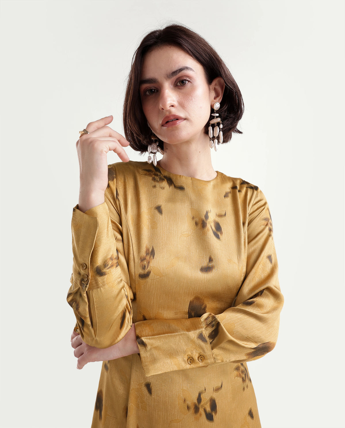 Rareism Women's Onpress Mustard Polyester Button And Zip Fit And Flare Floral Print Dress - image 3