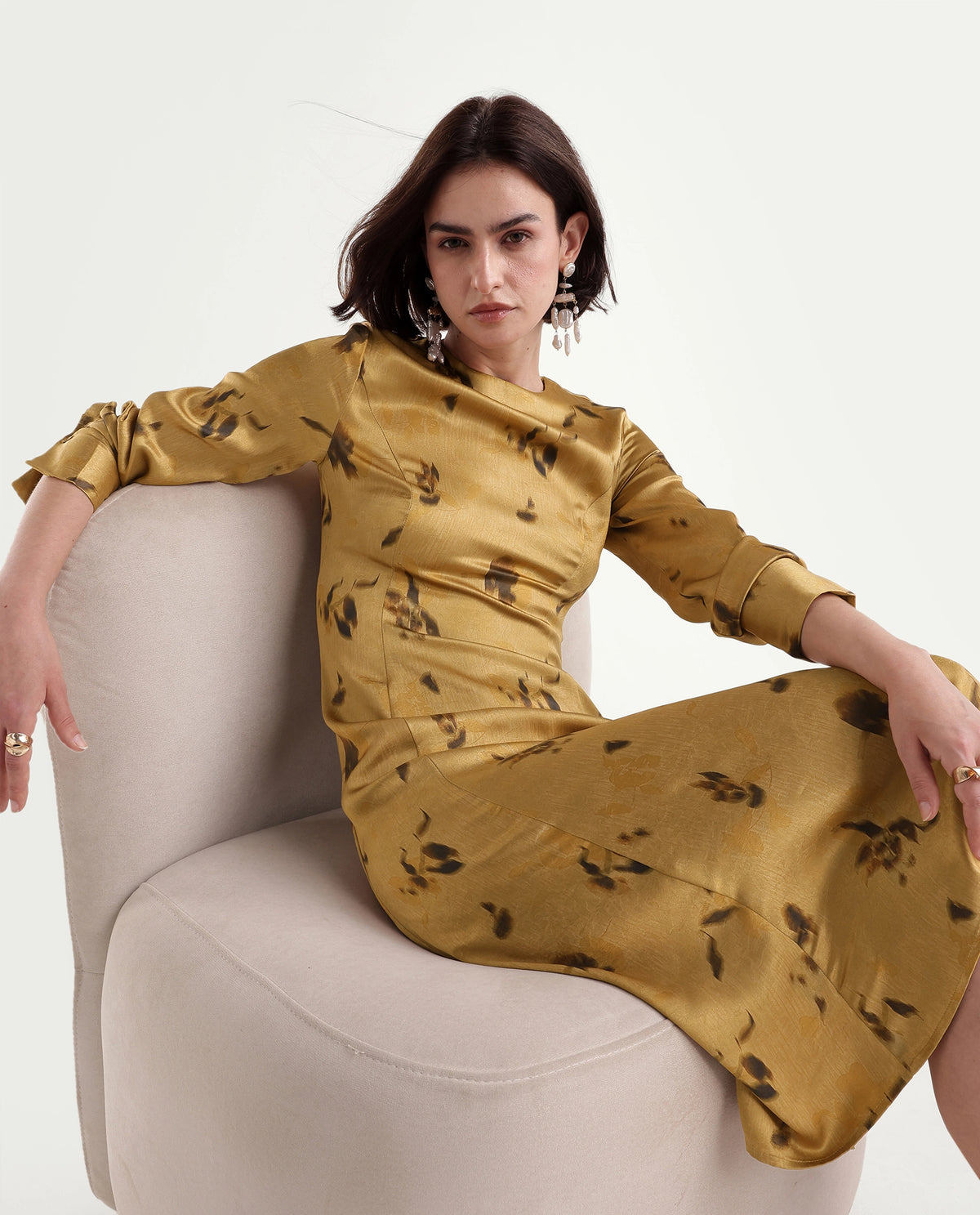 Rareism Women's Onpress Mustard Polyester Button And Zip Fit And Flare Floral Print Dress - image 7