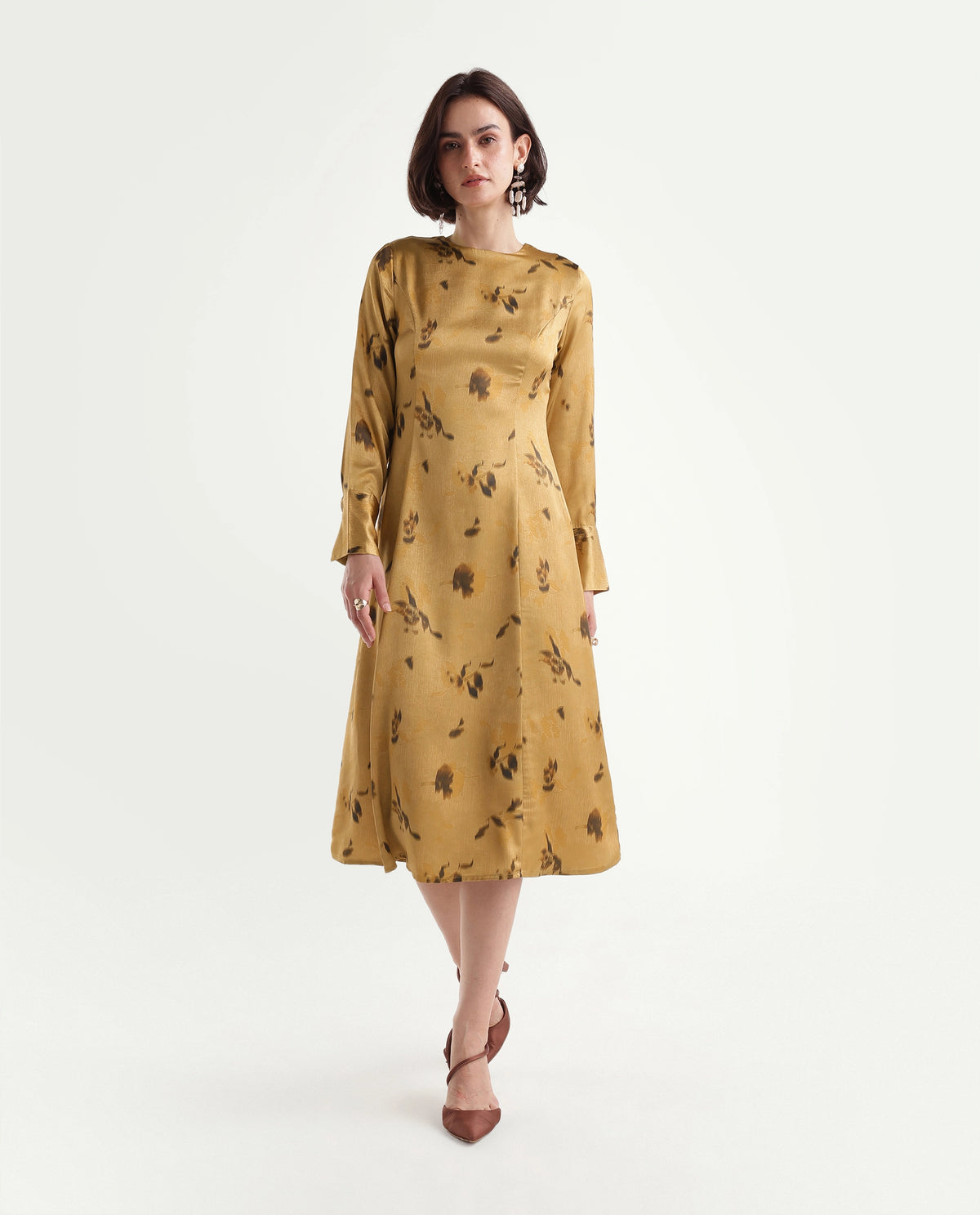 Rareism Women's Onpress Mustard Polyester Button And Zip Fit And Flare Floral Print Dress - image 2