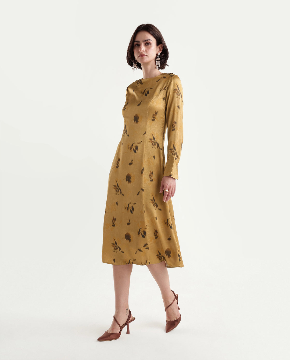 Rareism Women's Onpress Mustard Polyester Button And Zip Fit And Flare Floral Print Dress - image 5