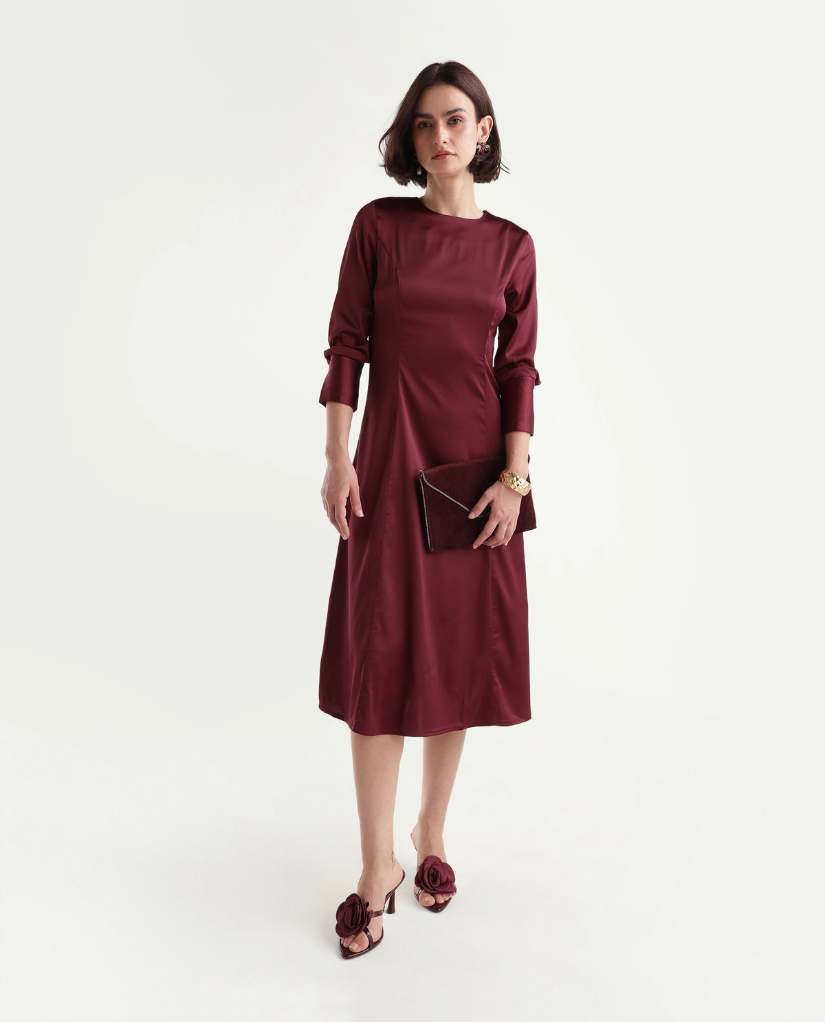 Rareism Women's Onpresso Dark Red Polyester Button And Zip A-Line Plain Dress - image 1