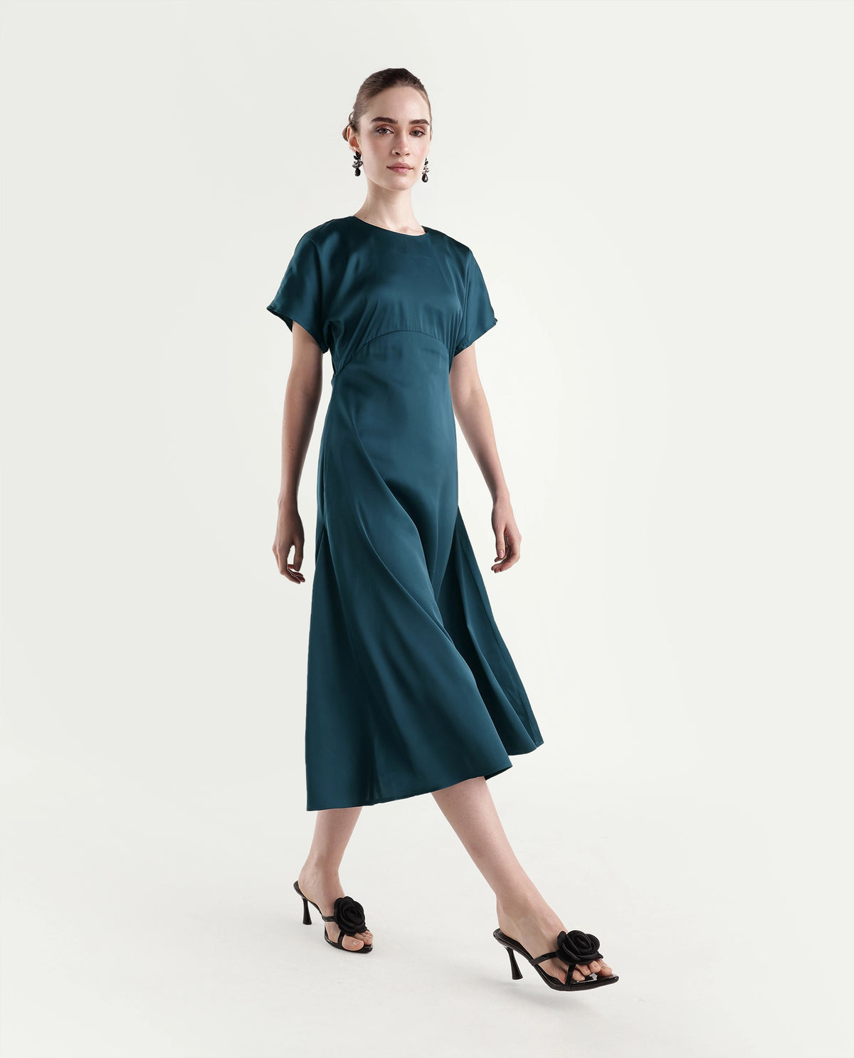 Rareism Women's Onpoj Teal Polyester Round Neck A-Line Plain Dress - image 7