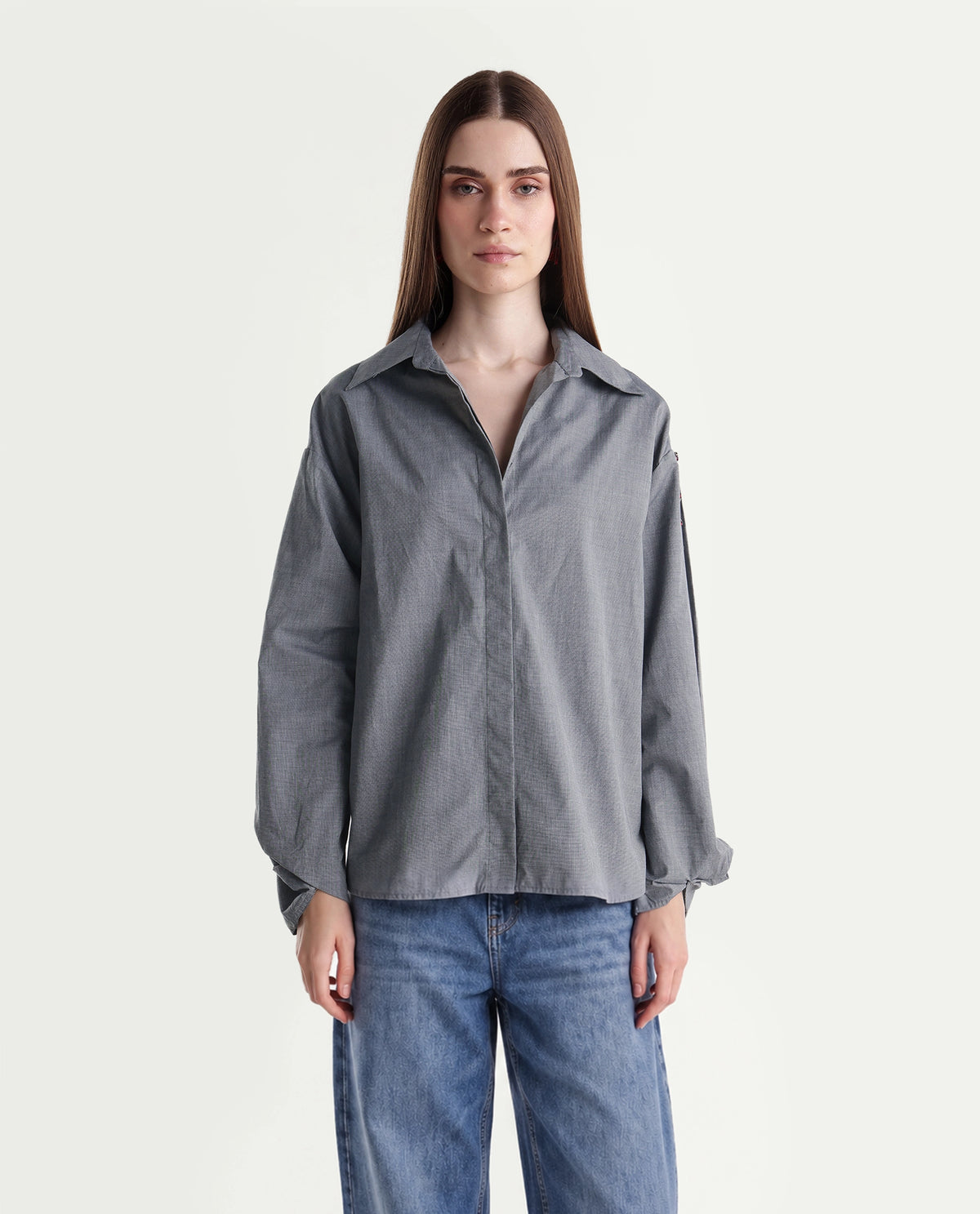 Rareism Women's Guldono Grey Cotton Blend Spread Collar Relaxed Striped Shirt - image 6
