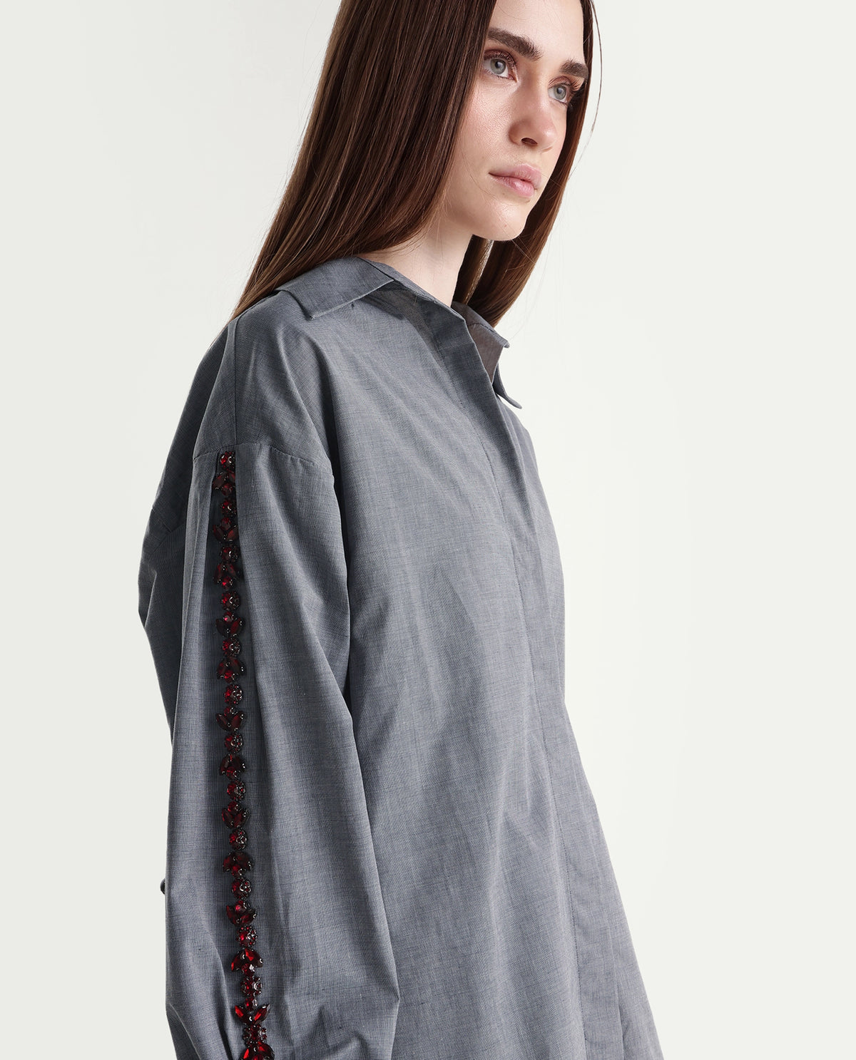 Rareism Women's Guldono Grey Cotton Blend Spread Collar Relaxed Striped Shirt - image 7