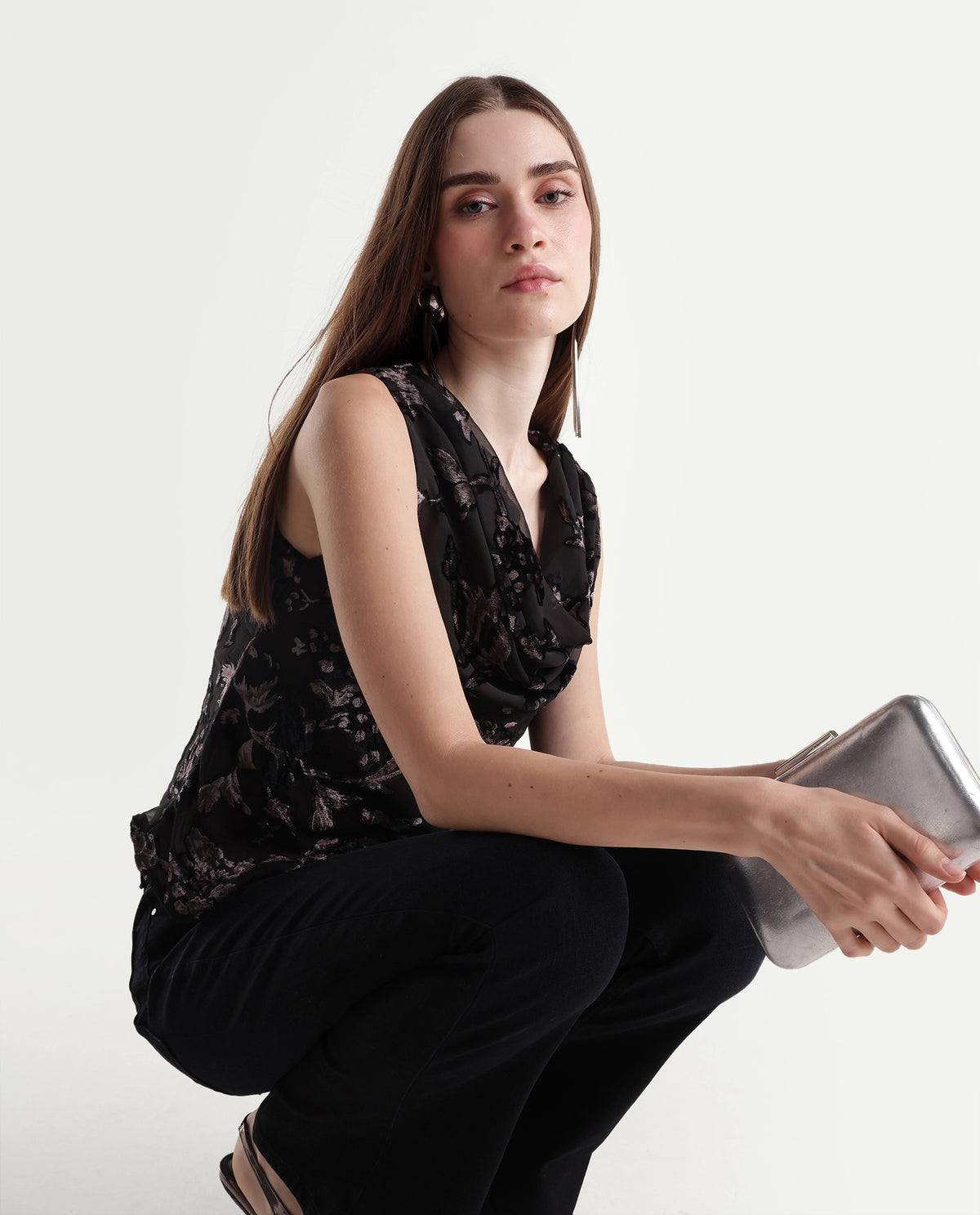 Rareism Women's Guilin Black Polyester Cowl Neck Regular Jacquard Top - image 1