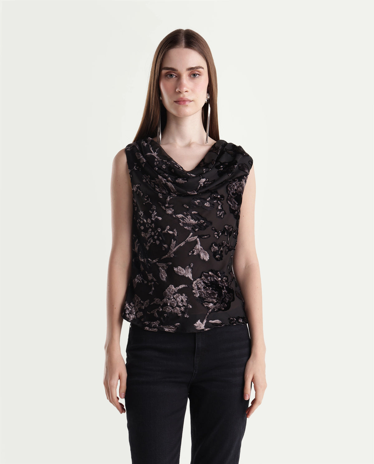 Rareism Women's Guilin Black Polyester Cowl Neck Regular Jacquard Top - image 6