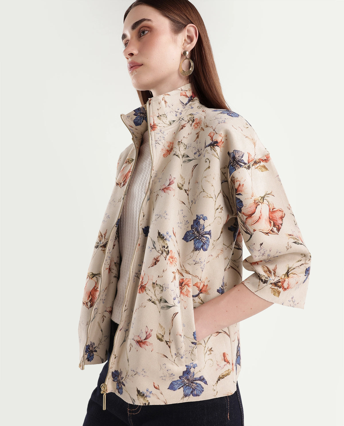 Rareism Women's Tasa Off White Polyester Blend Stand Collar Printed Regular Jacket - image 1