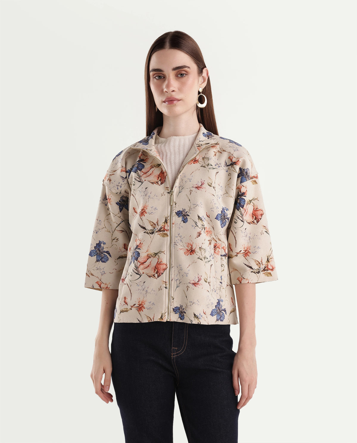 Rareism Women's Tasa Off White Polyester Blend Stand Collar Printed Regular Jacket - image 6