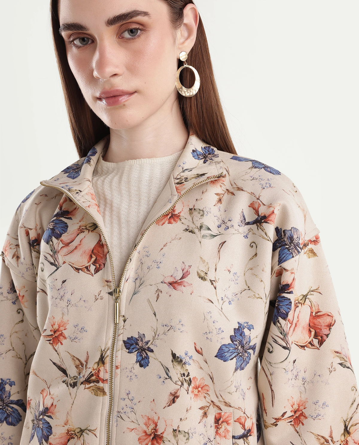 Rareism Women's Tasa Off White Polyester Blend Stand Collar Printed Regular Jacket - image 3