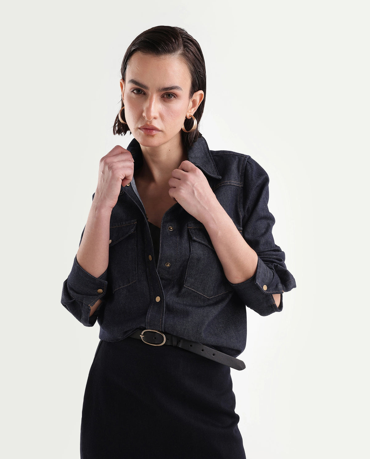 Rareism Women's Delz Dark Navy Cotton Blend Spread Collar Regular Twill Shirt - image 1