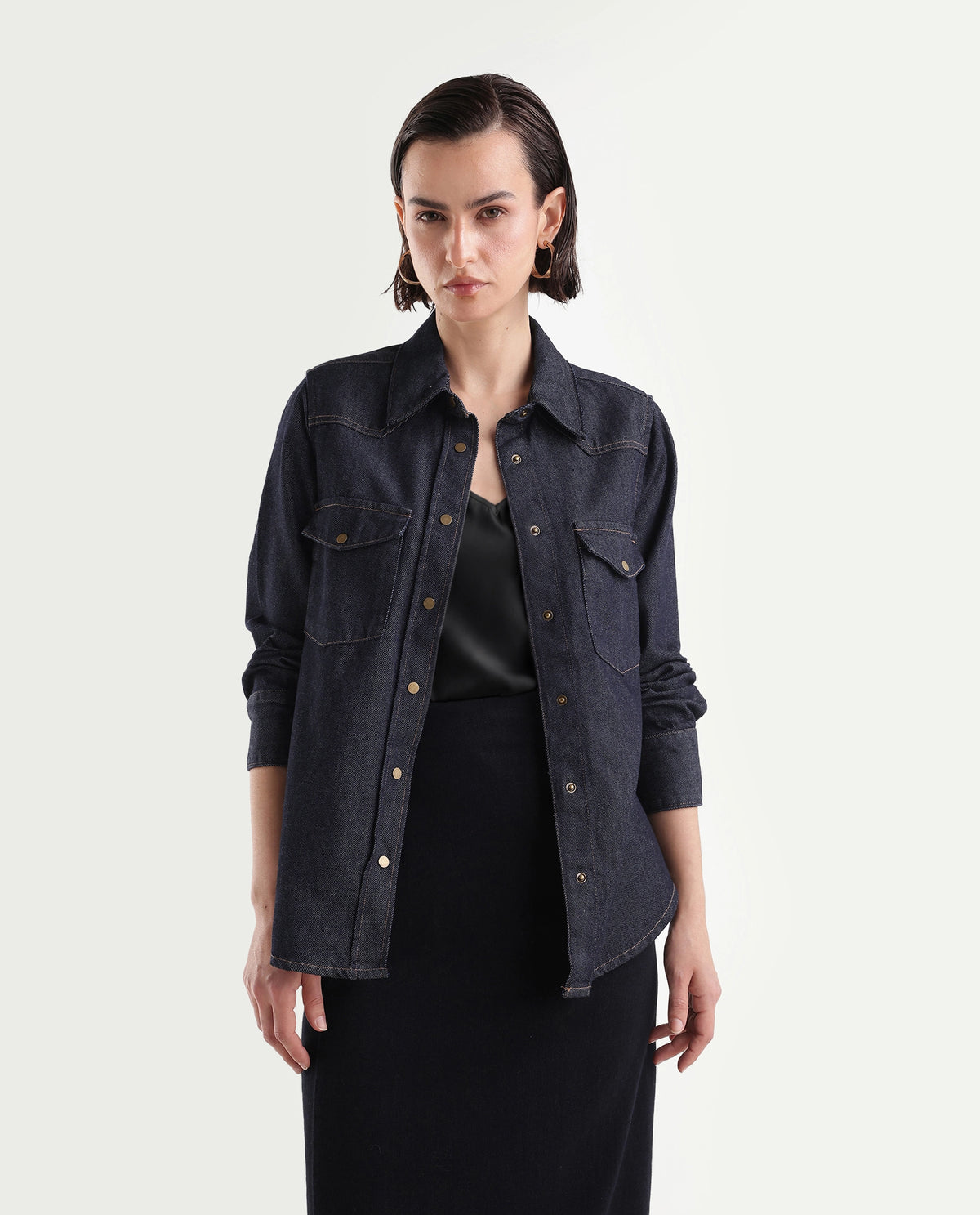 Rareism Women's Delz Dark Navy Cotton Blend Spread Collar Regular Twill Shirt - image 6