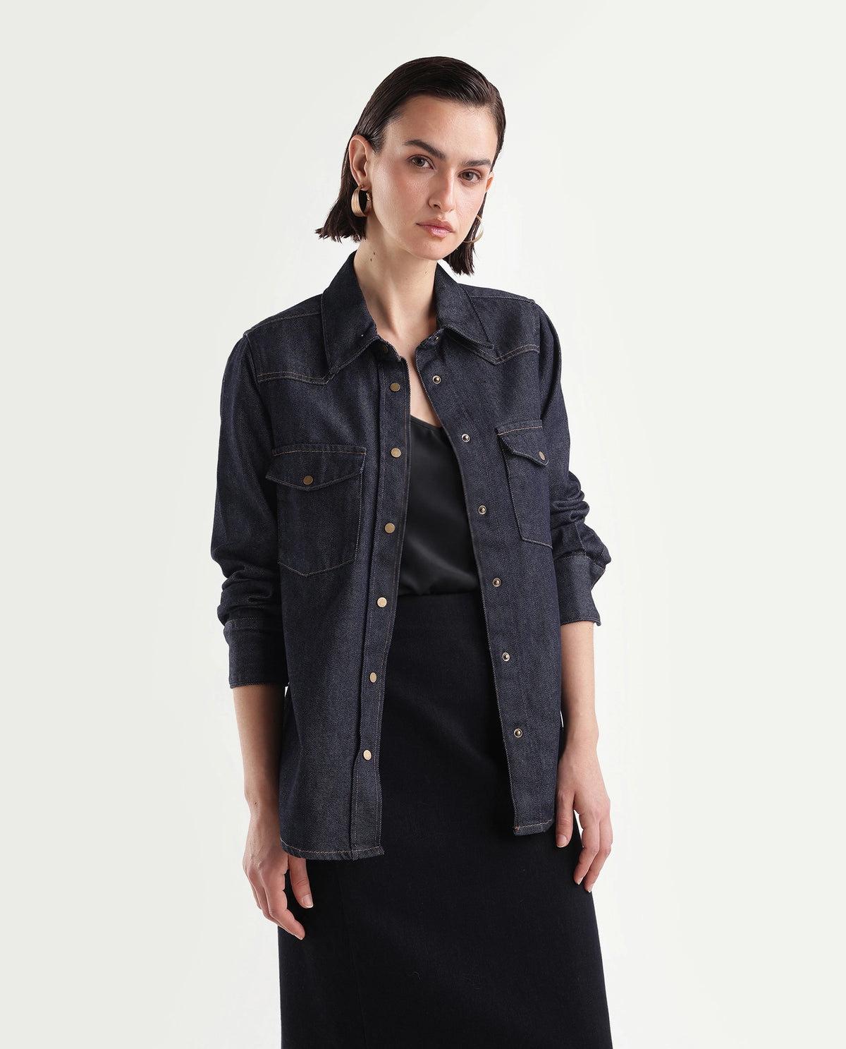Rareism Women's Delz Dark Navy Cotton Blend Spread Collar Regular Twill Shirt - image 4