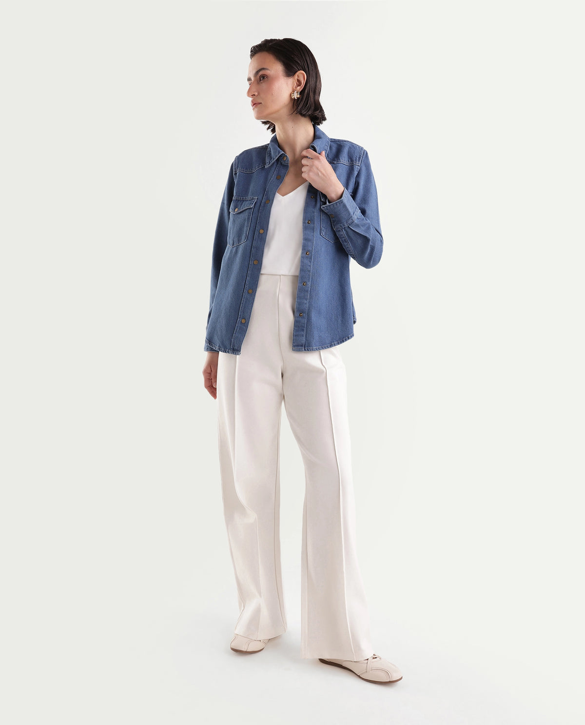 Rareism Women's Delz Blue Cotton Blend Spread Collar Snap Button Regular Twill Shirt - image 2