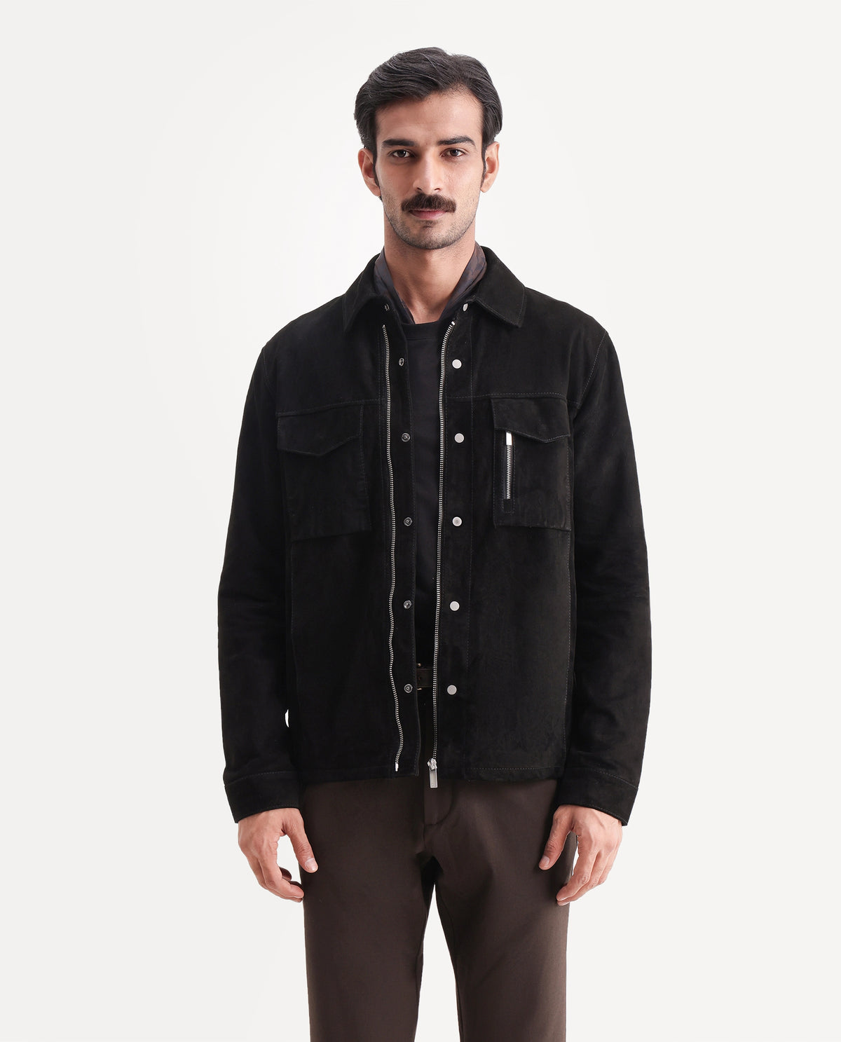 Rare Rabbit Men's Flak Black Leather Spread Collar Regular Plain Jacket - image 4