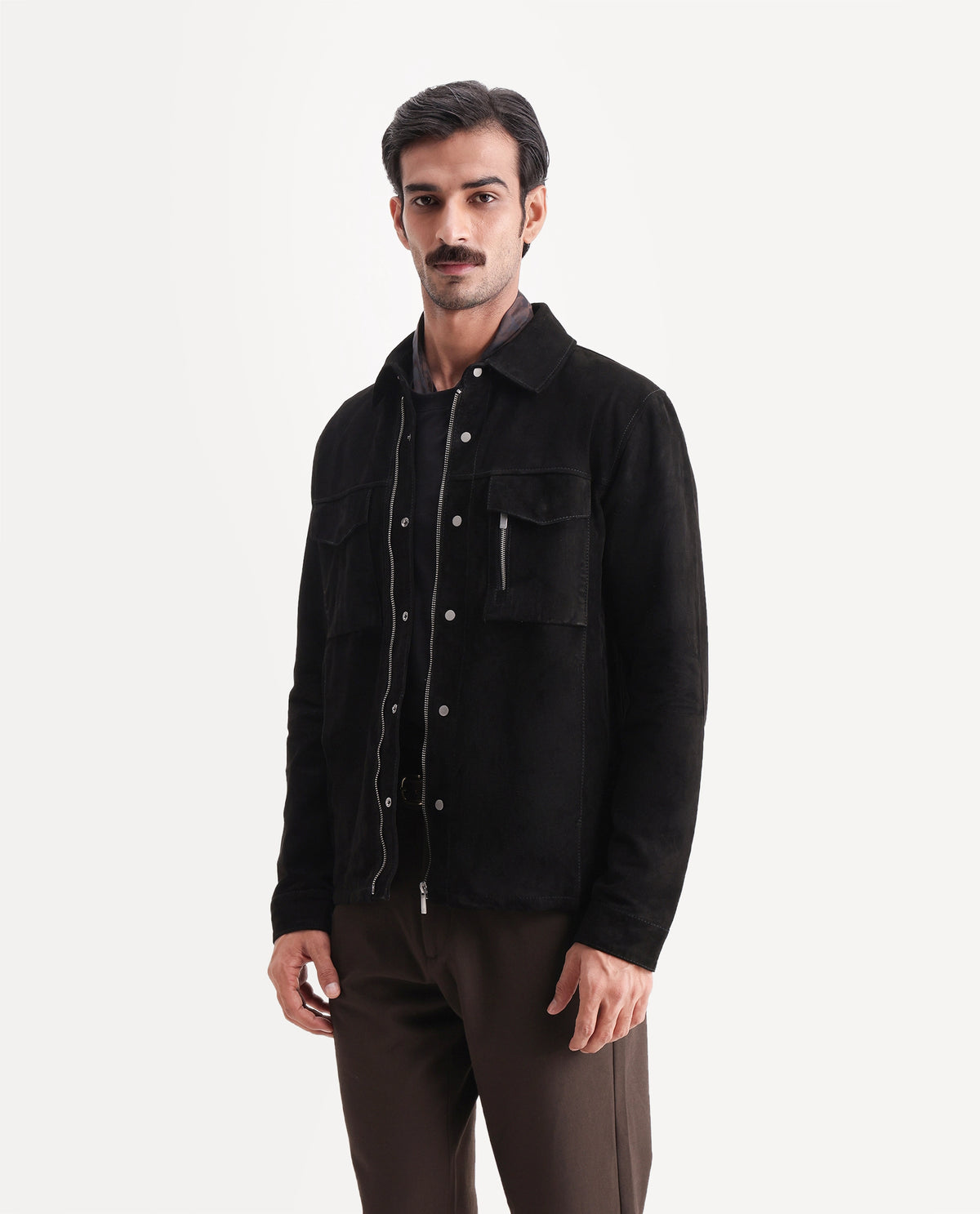 Rare Rabbit Men's Flak Black Leather Spread Collar Regular Plain Jacket - image 5