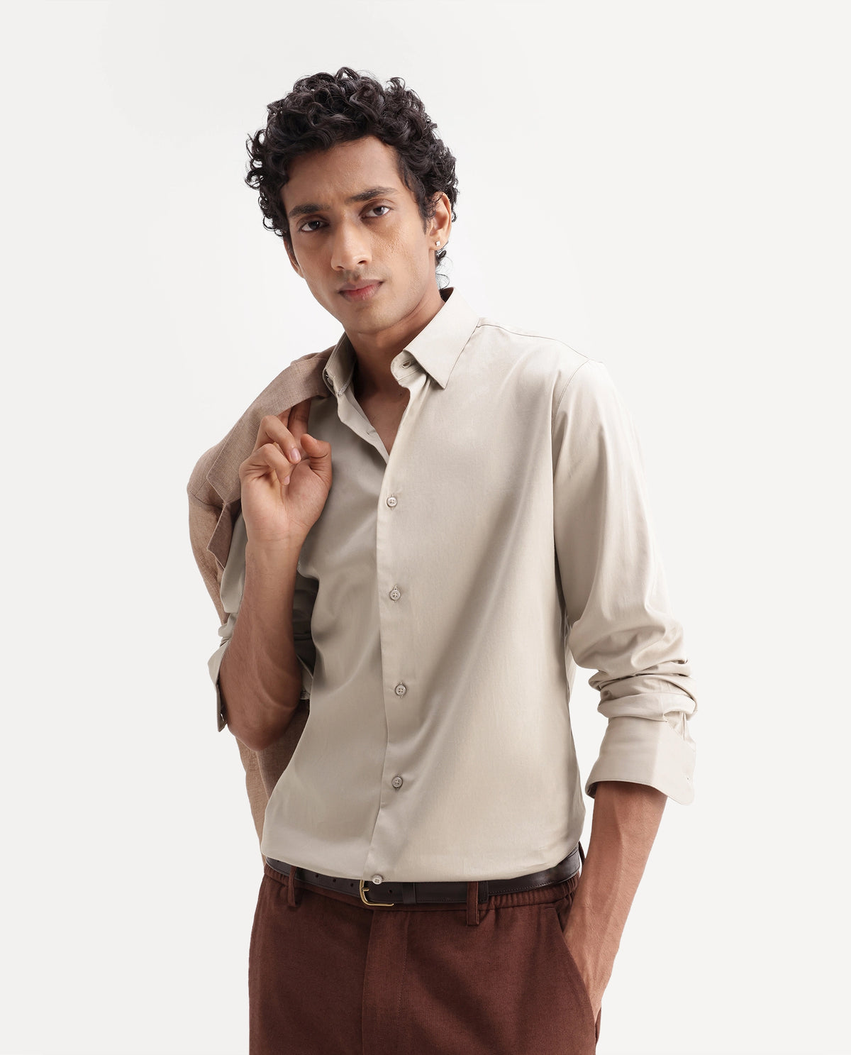 Rare Rabbit Men's Como-Ss27 Dusky Beige Cotton Blend Spread Collar Regular Plain Shirt - image 1