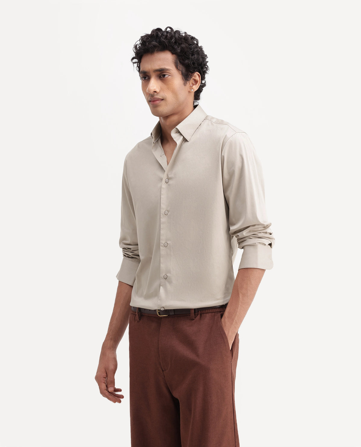 Rare Rabbit Men's Como-Ss27 Dusky Beige Cotton Blend Spread Collar Regular Plain Shirt - image 6
