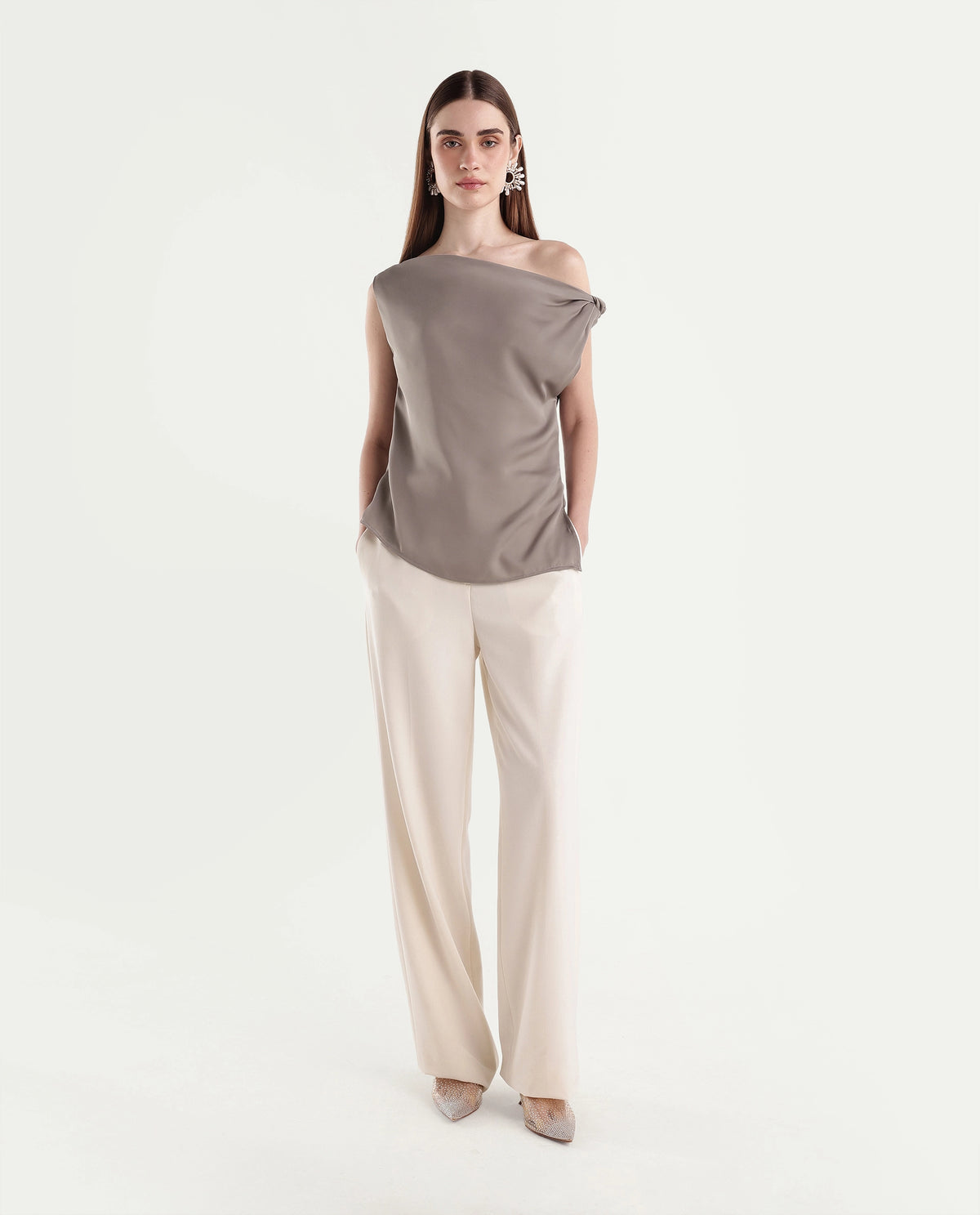 Rareism Women's Onres Dusky Beige Polyester Boat Neck Regular Plain Top - image 2