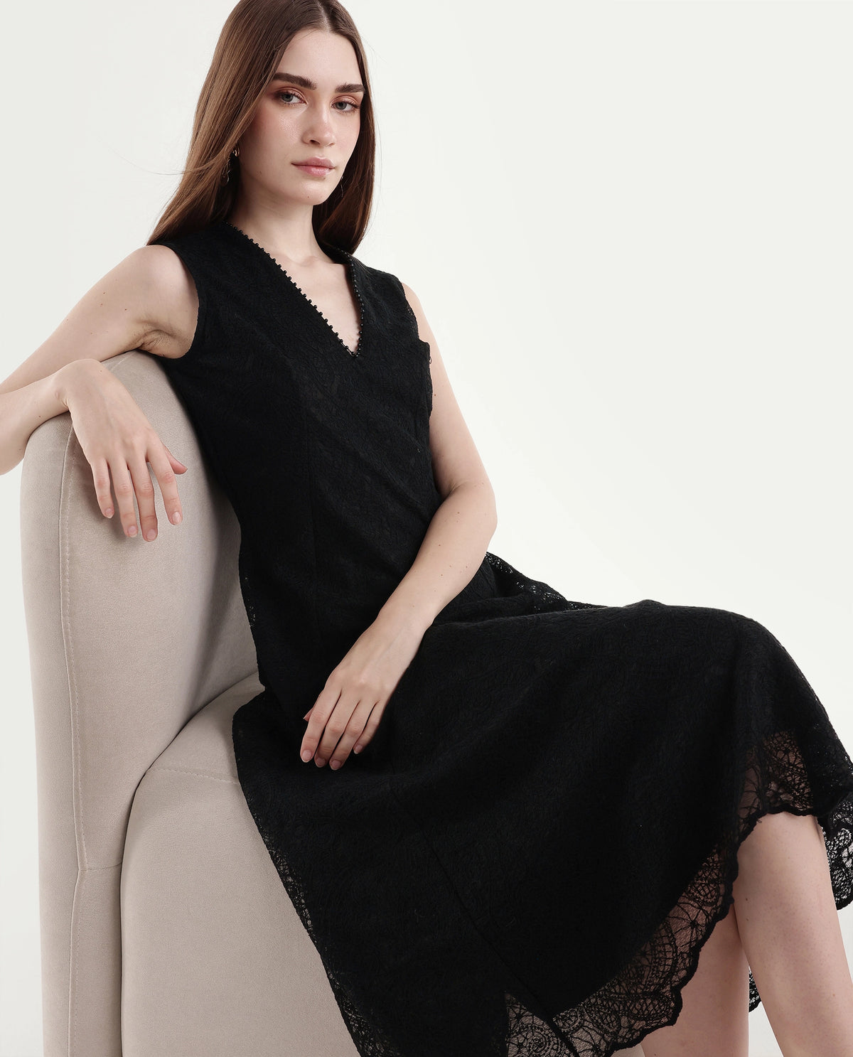 Rareism Women's Denmarki Black Polyester V-Neck A-Line Lace Dress - image 1