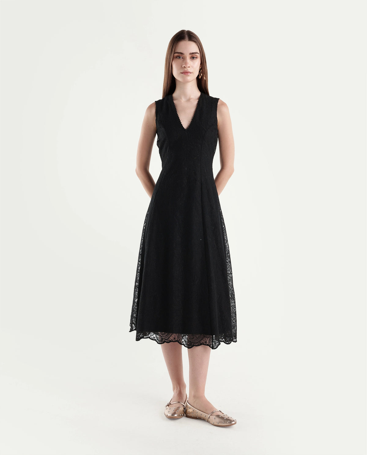 Rareism Women's Denmarki Black Polyester V-Neck A-Line Lace Dress - image 2