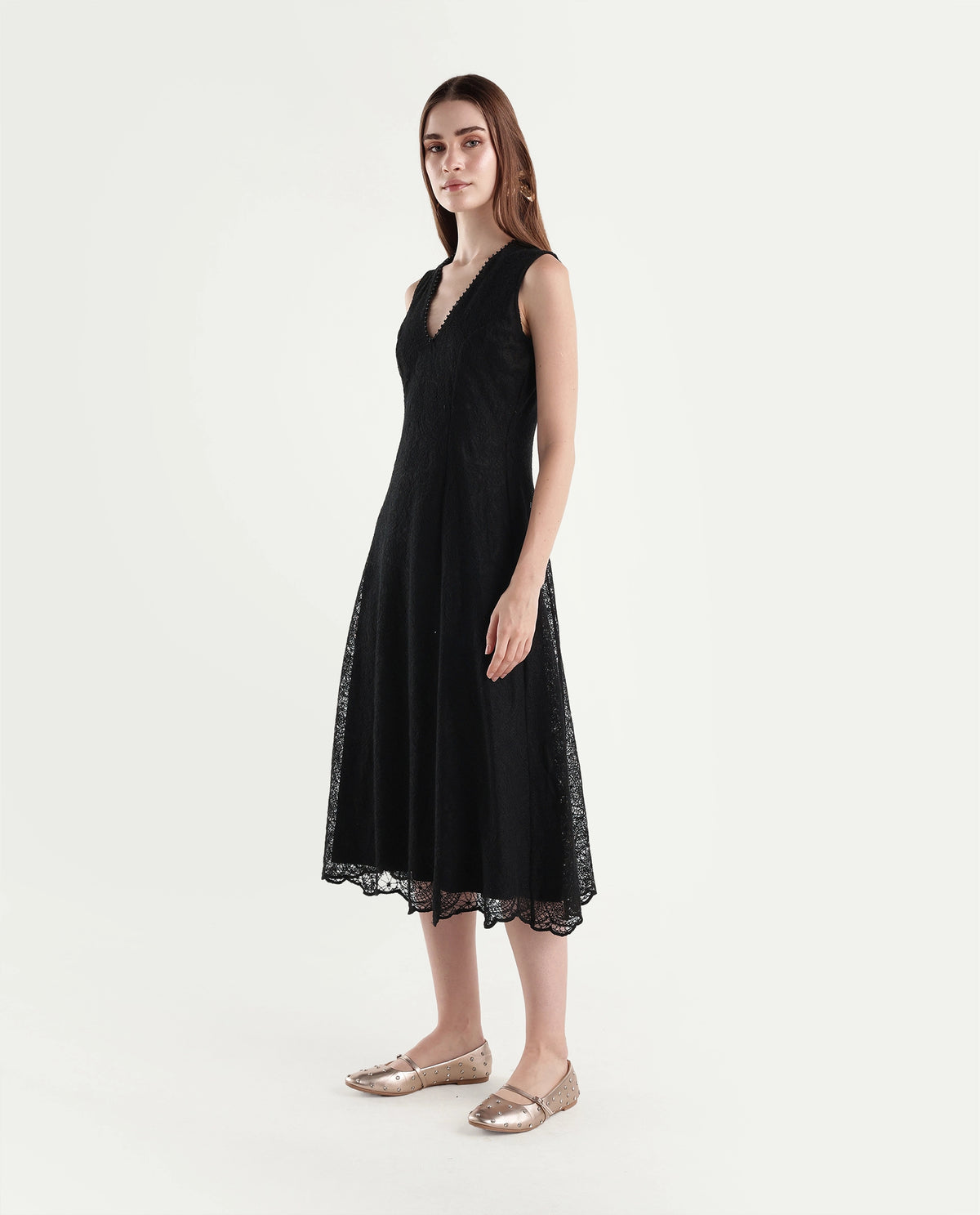 Rareism Women's Denmarki Black Polyester V-Neck A-Line Lace Dress - image 5