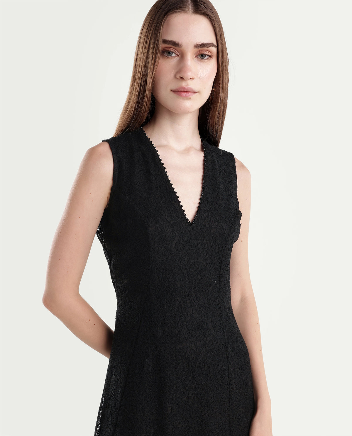 Rareism Women's Denmarki Black Polyester V-Neck A-Line Lace Dress - image 3