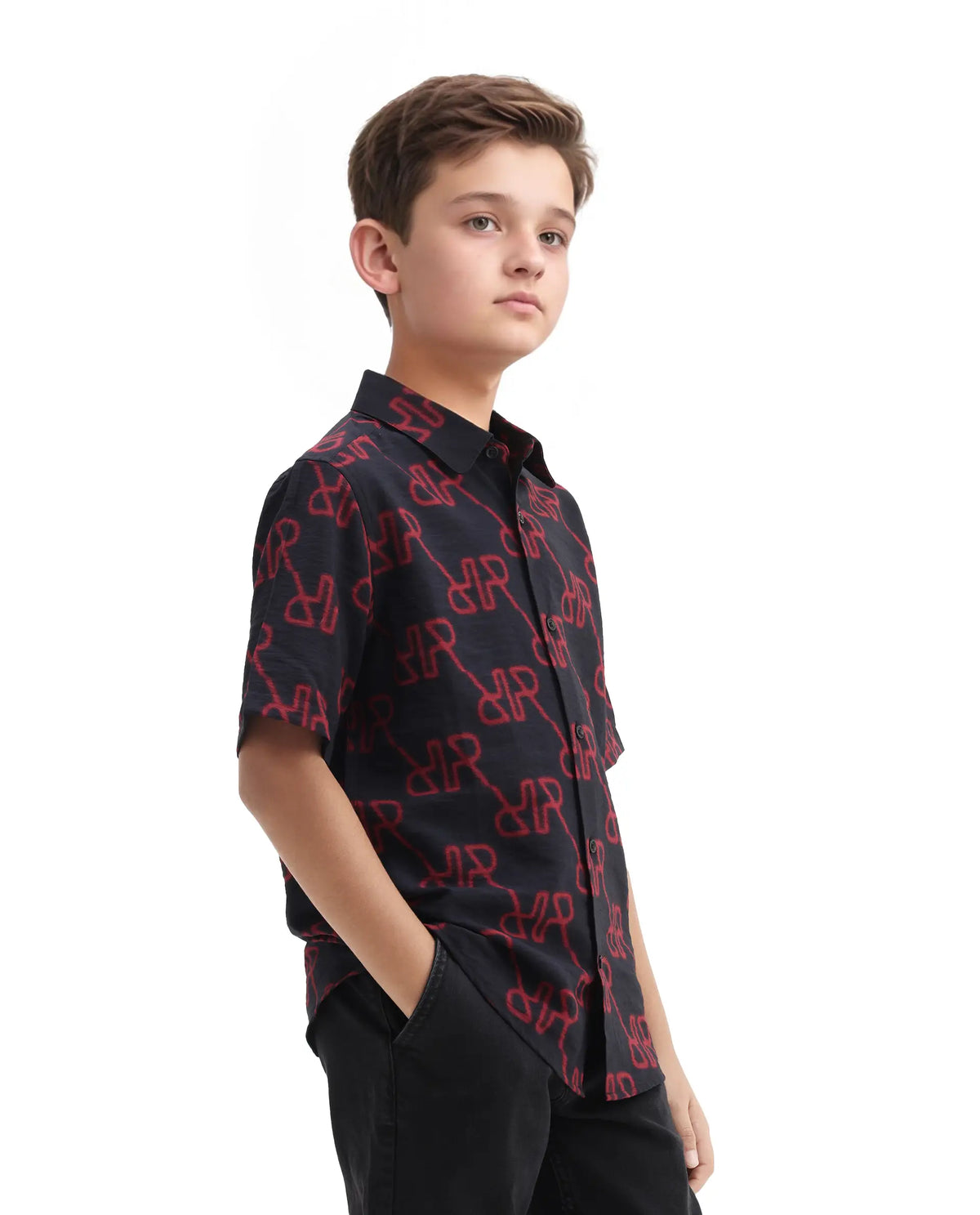Rare Ones Kids Rron Dark Navy Nylon Blend Print Button Closure Regular Fit Shirt