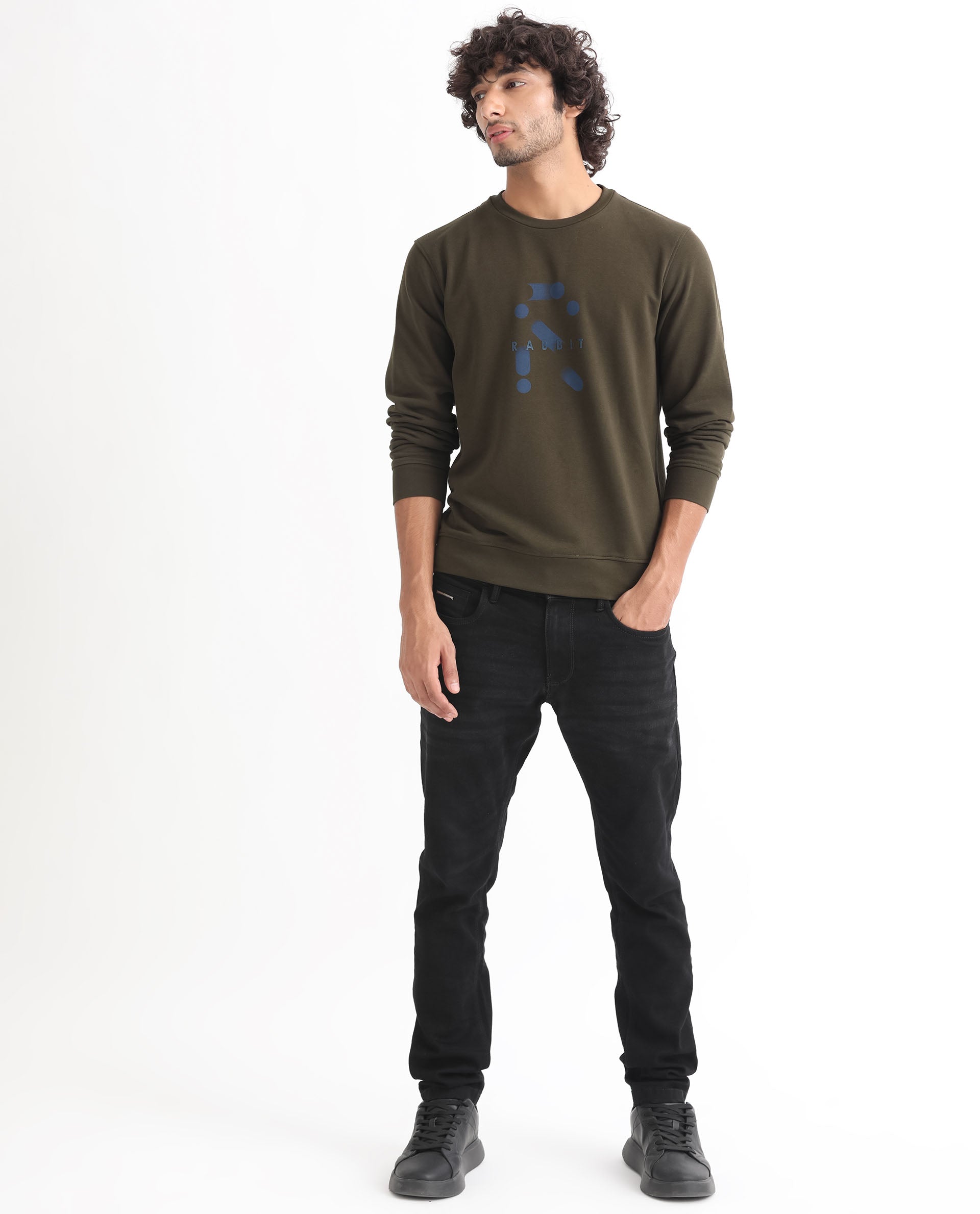 Rare Rabbit Men's Dunsto Olive Cotton Polyester Fabric Full Sleeves Graphic Print Knitted Sweatshirt