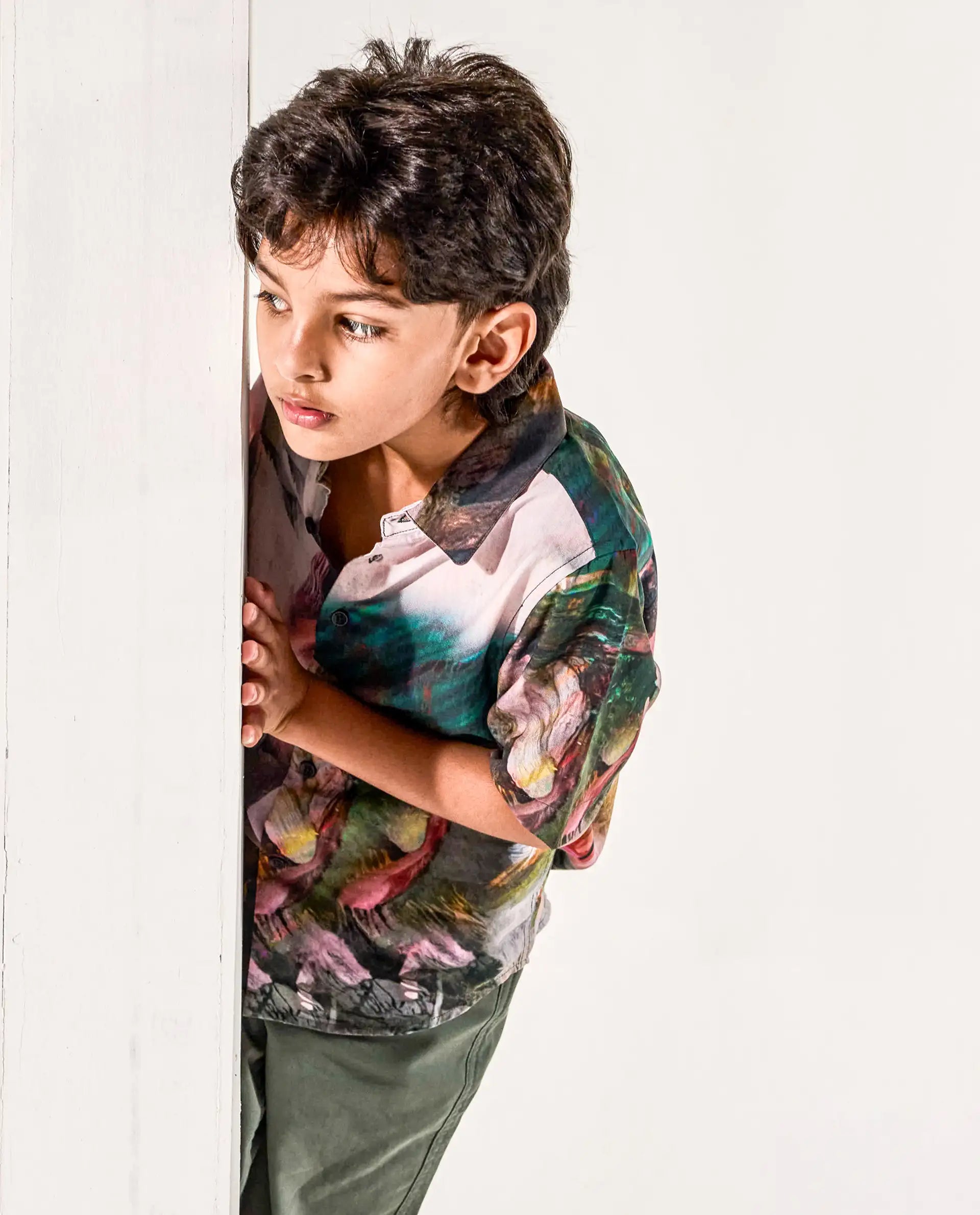 Rare Ones Kids Paint Green Viscose Half Sleeve Button Printed Regular Fit Shirt