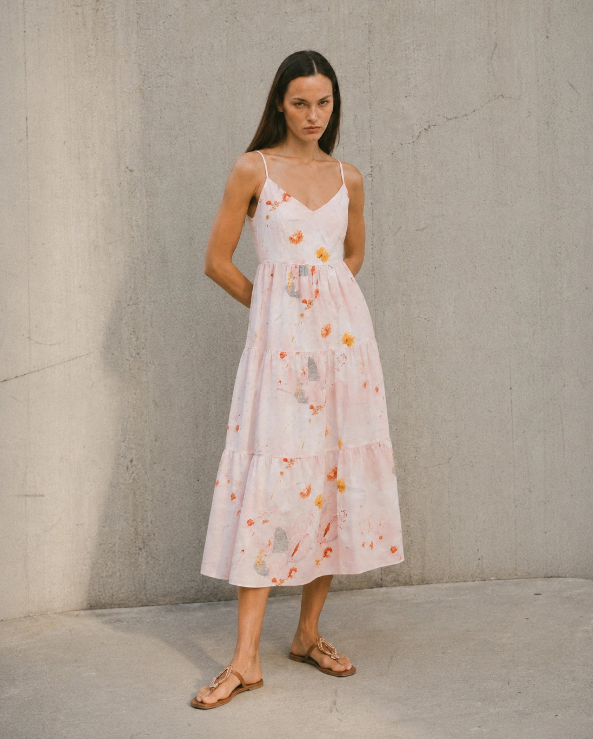 Rareism Women's Ruano Pastel Pink Cotton V-Neck Tiered Botanical Print Dress