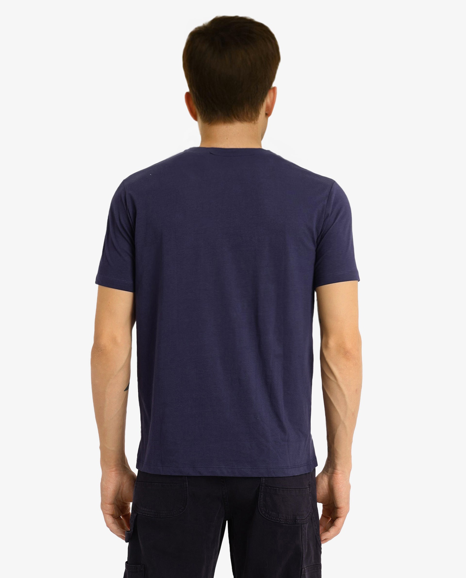 Rare Rabbit Men's Rubber Primary Navy Crew Neck Chest Rubber Branding Half Sleeves Slim Fit T-Shirt