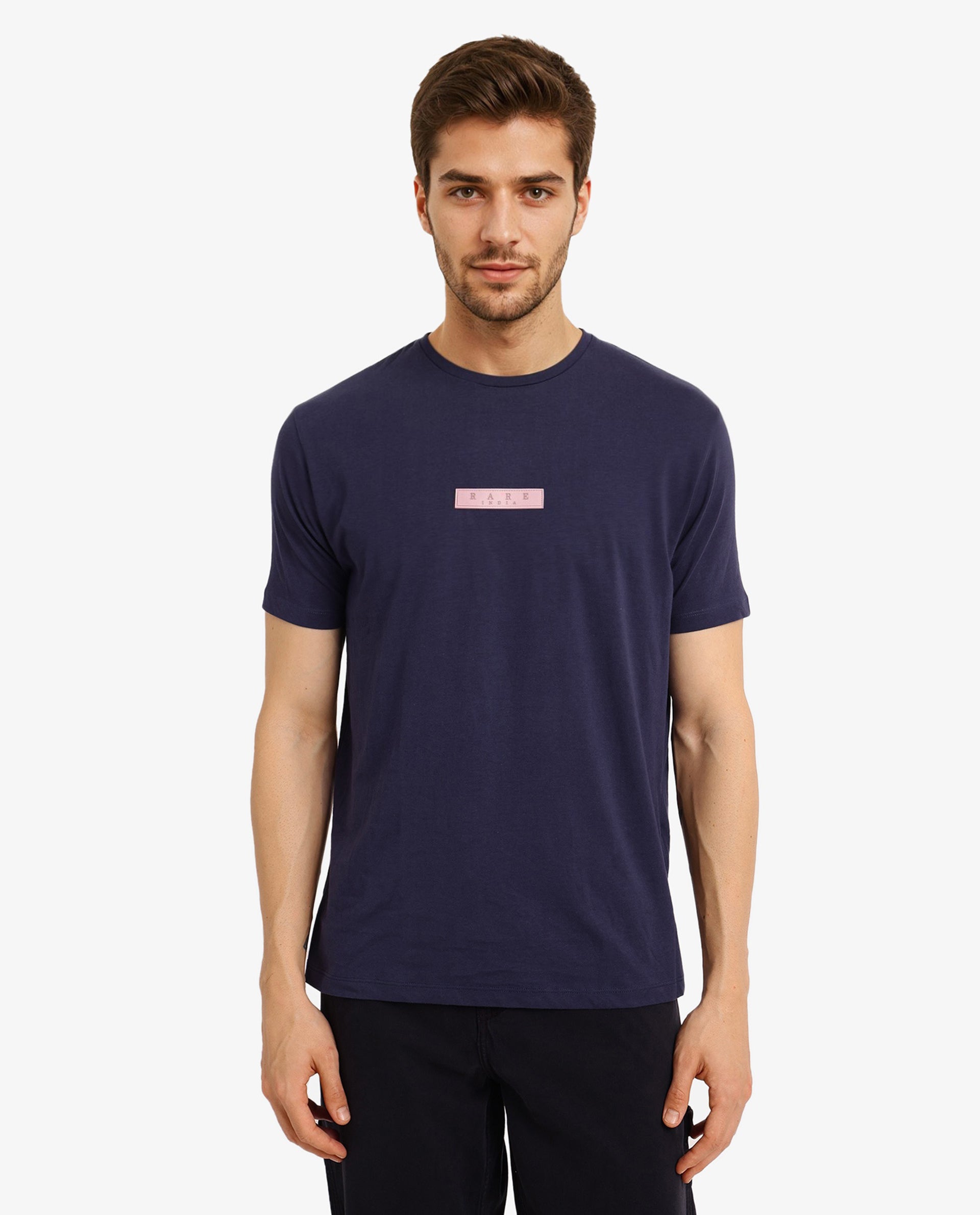 Rare Rabbit Men's Rubber Primary Navy Crew Neck Chest Rubber Branding Half Sleeves Slim Fit T-Shirt