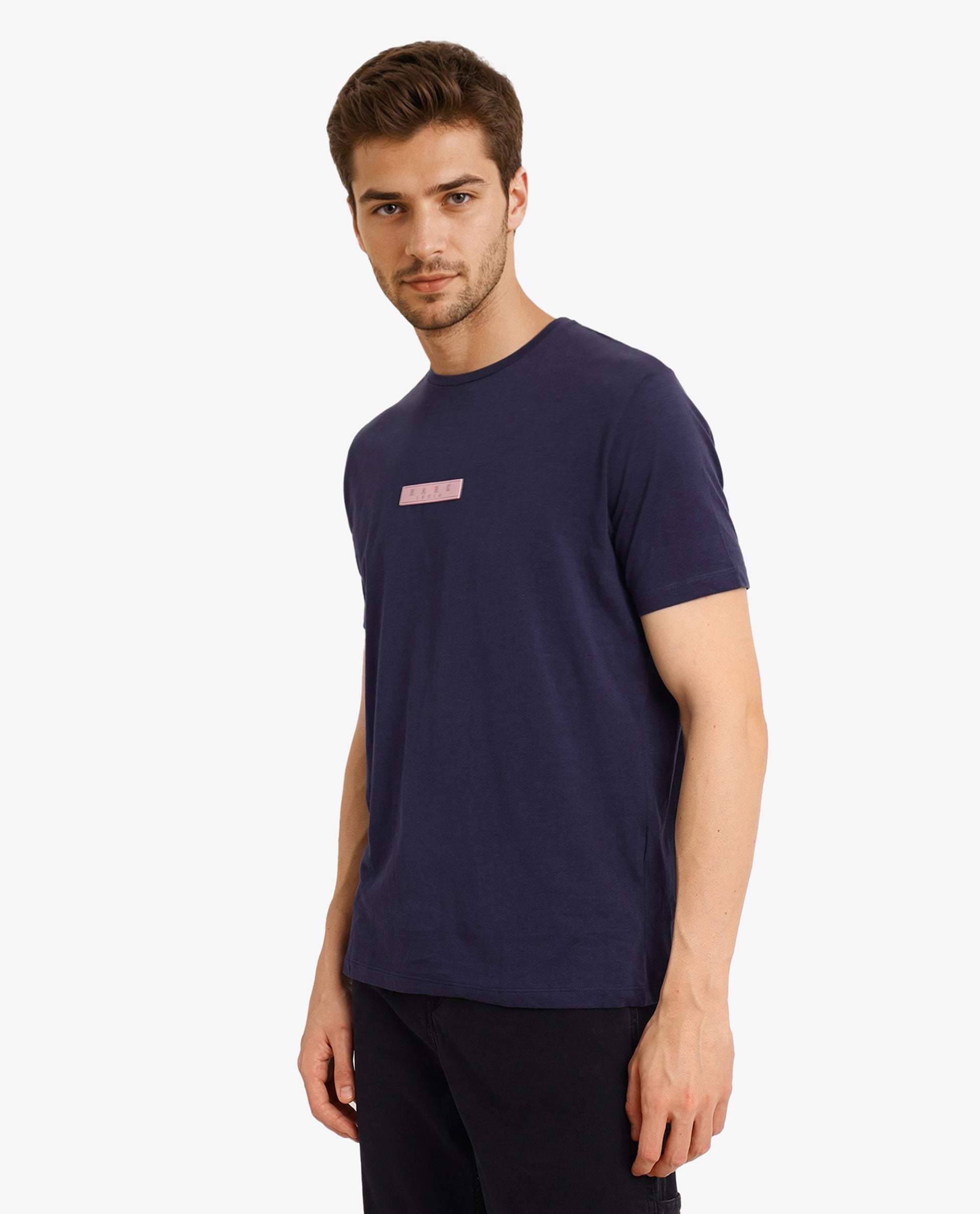 Rare Rabbit Men's Rubber Primary Navy Crew Neck Chest Rubber Branding Half Sleeves Slim Fit T-Shirt