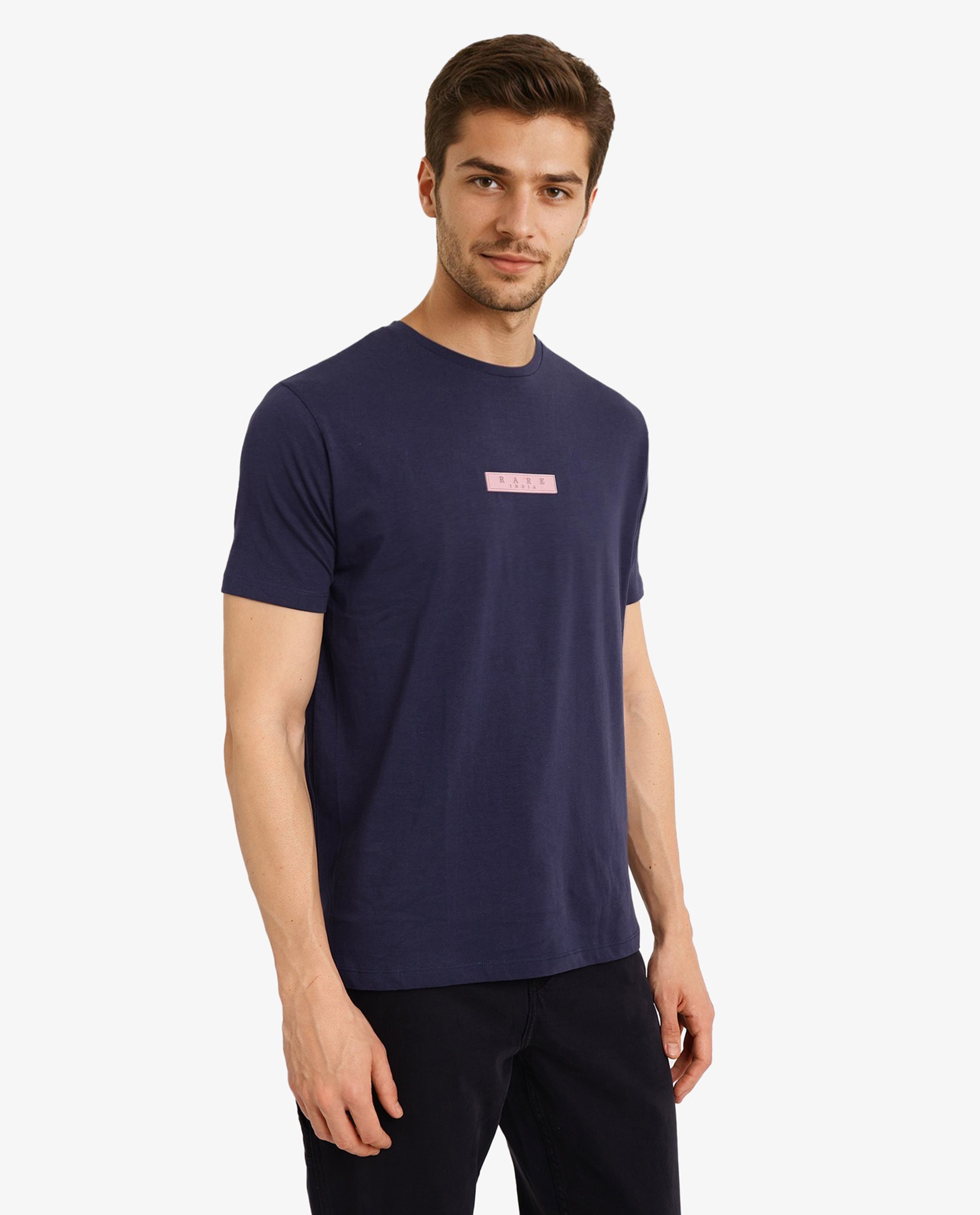 Rare Rabbit Men's Rubber Primary Navy Crew Neck Chest Rubber Branding Half Sleeves Slim Fit T-Shirt