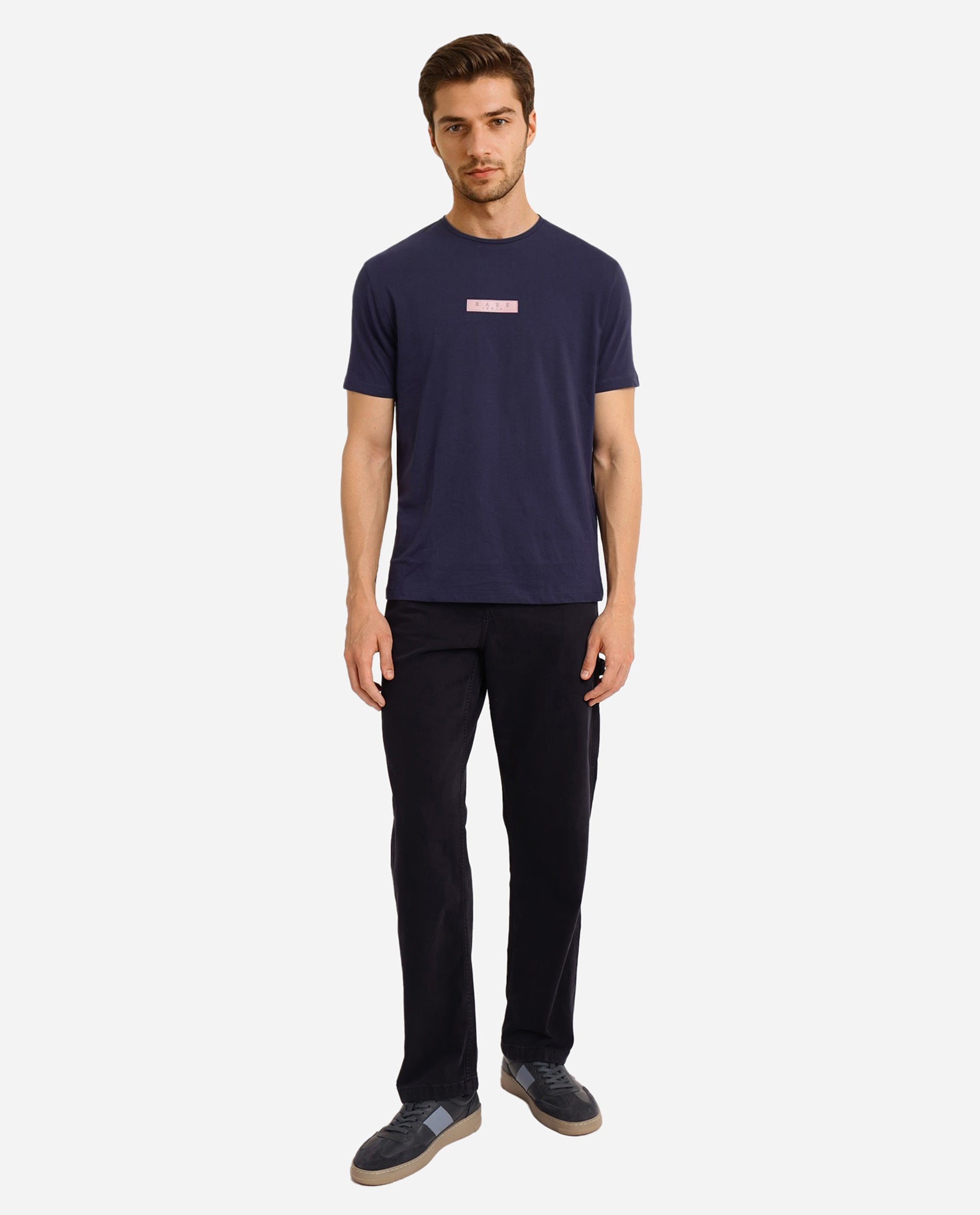 Rare Rabbit Men's Rubber Primary Navy Crew Neck Chest Rubber Branding Half Sleeves Slim Fit T-Shirt