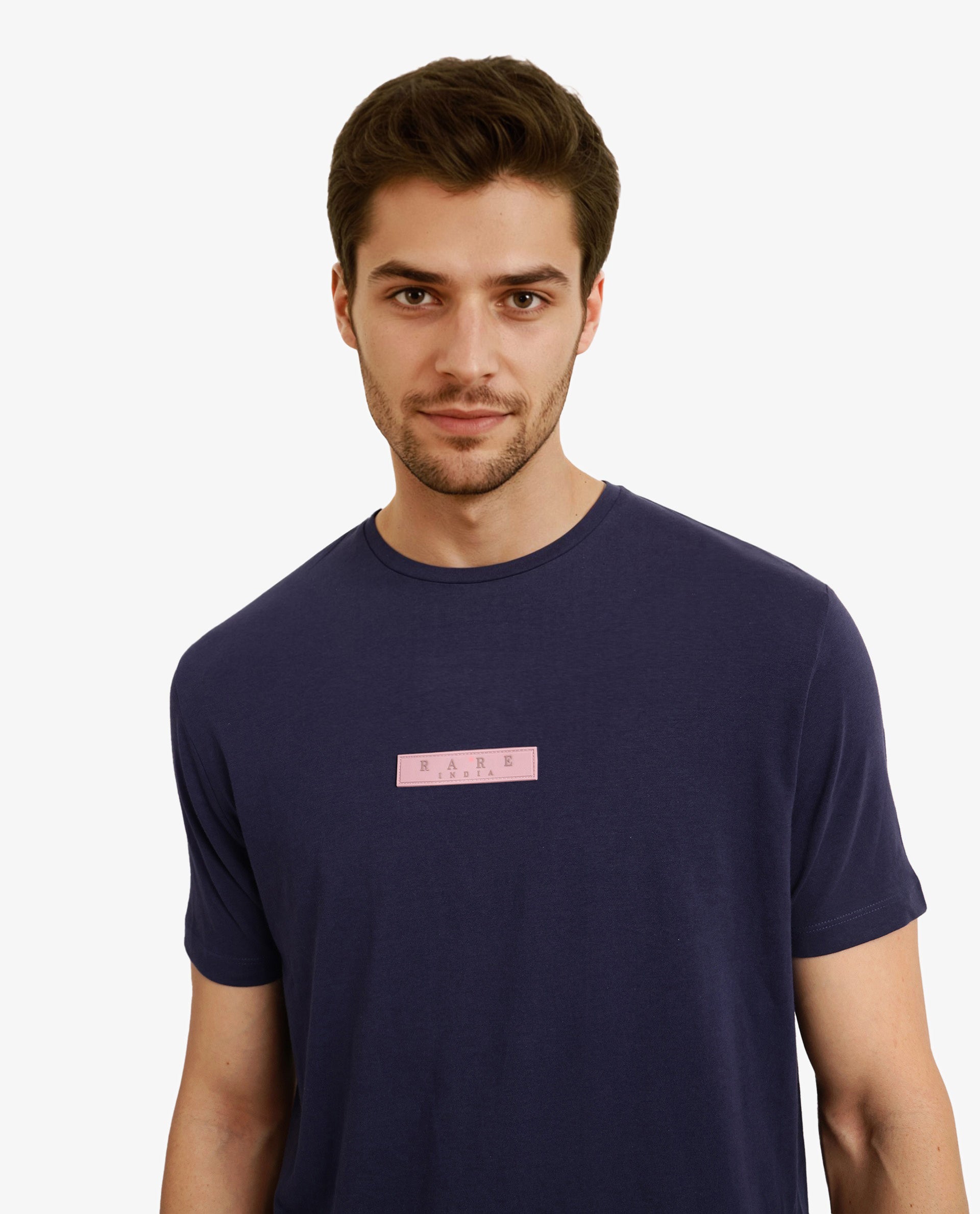 Rare Rabbit Men's Rubber Primary Navy Crew Neck Chest Rubber Branding Half Sleeves Slim Fit T-Shirt