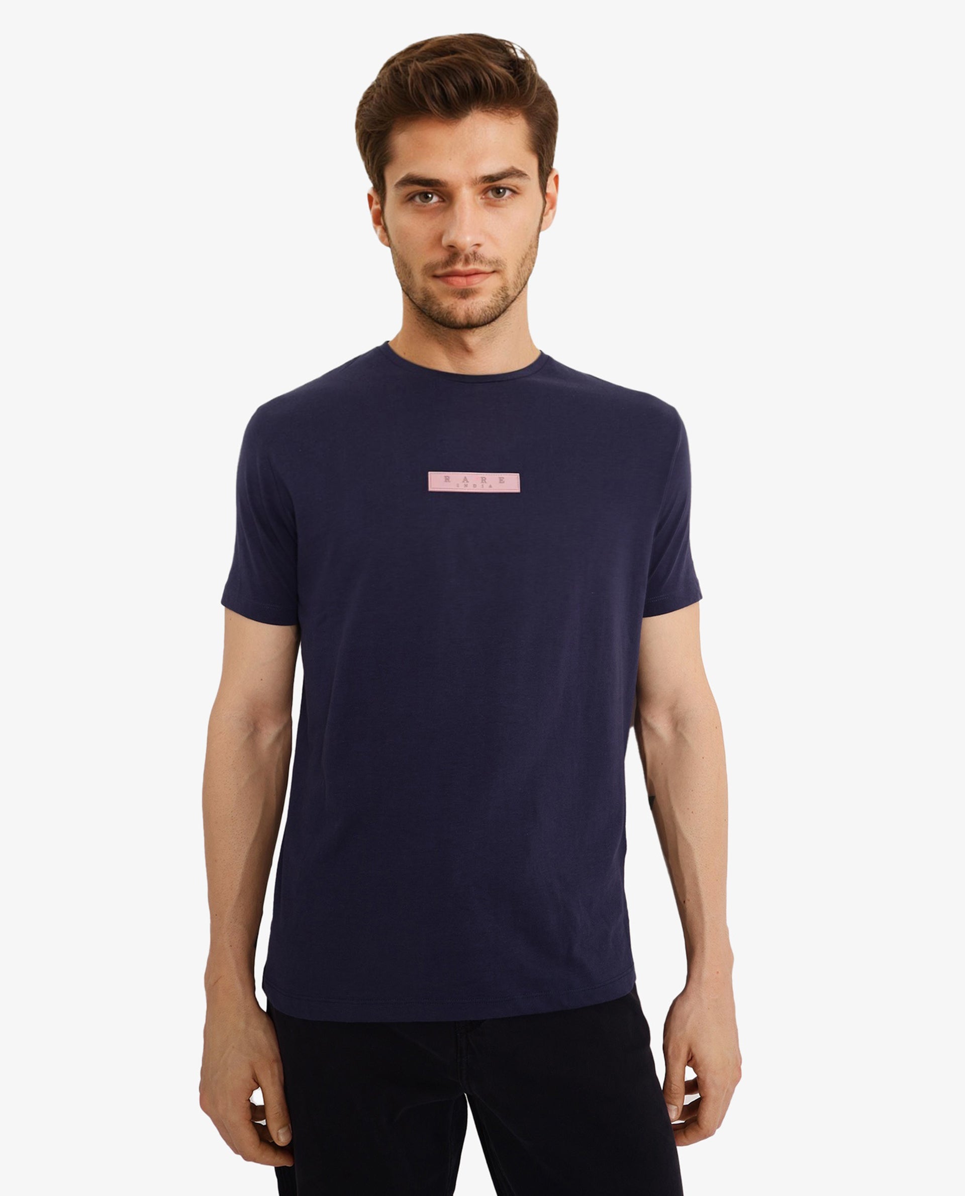 Rare Rabbit Men's Rubber Primary Navy Crew Neck Chest Rubber Branding Half Sleeves Slim Fit T-Shirt