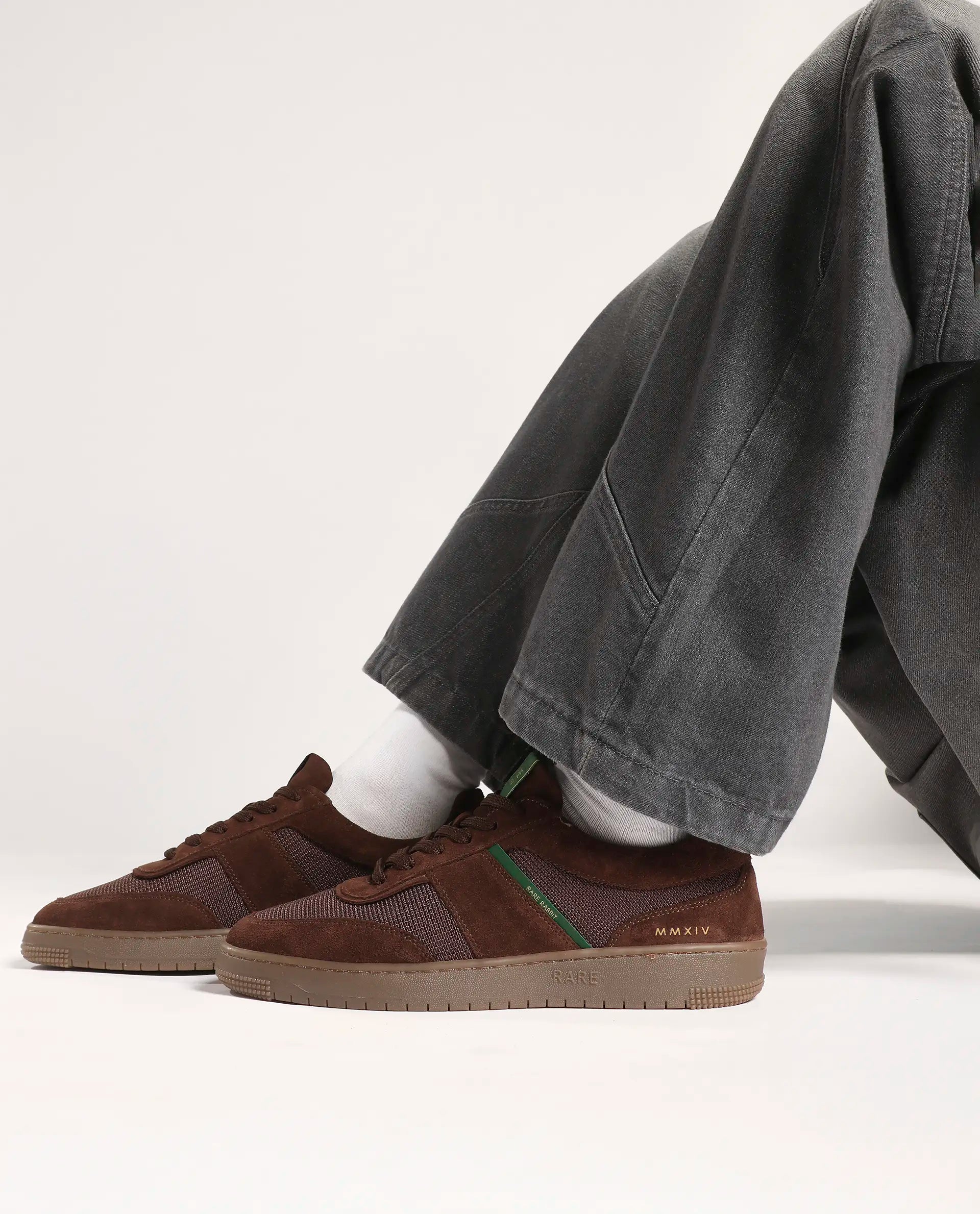 Rare Rabbit Men's Rubio Dark Brown Premium Suede, Leather And Mesh Upper Round Toe Low-Top Lace-Up Sneaker Shoes