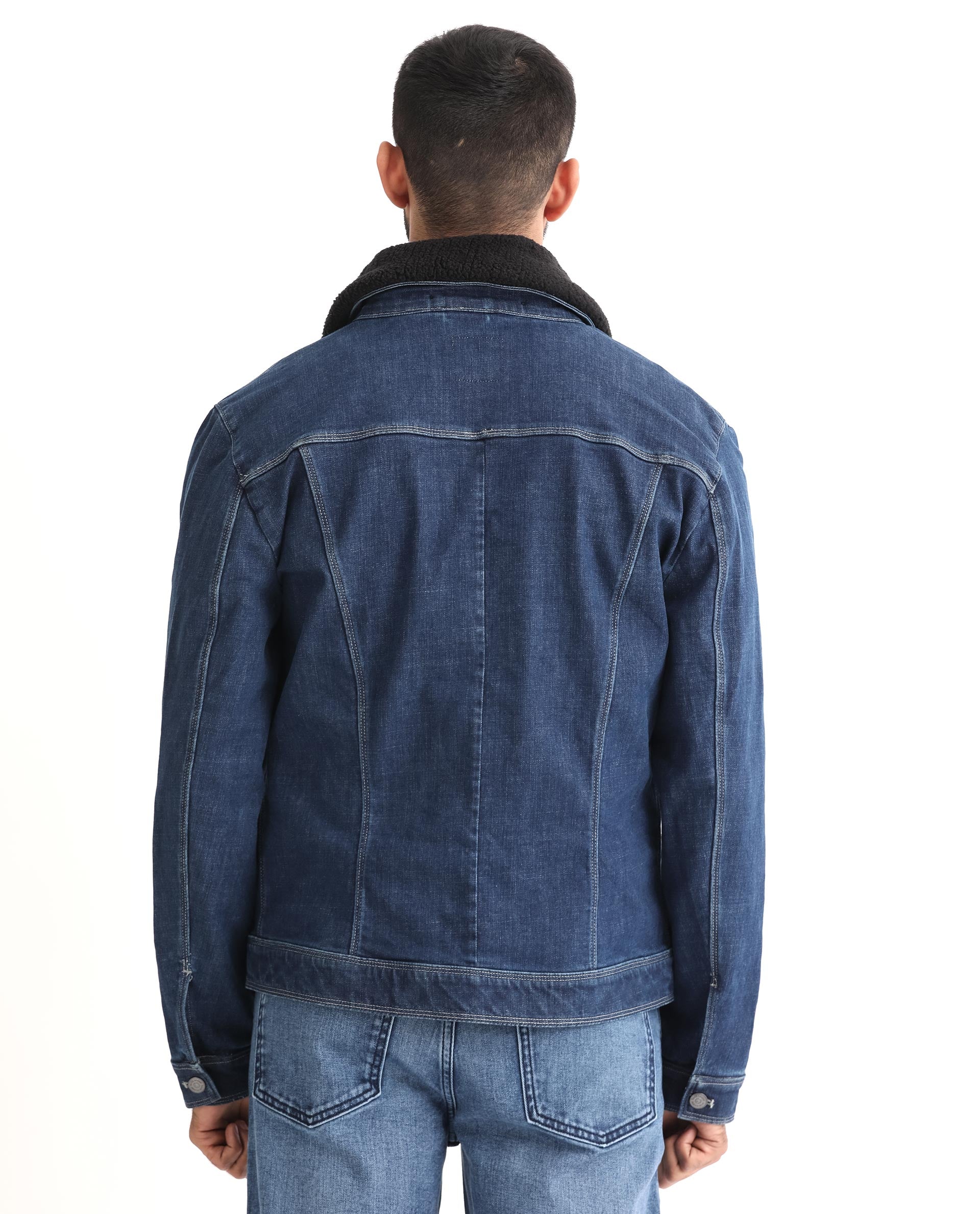 Rare Rabbit Men's Rubik Dark Blue Fleece Collar Dark Wash Denim Trucker