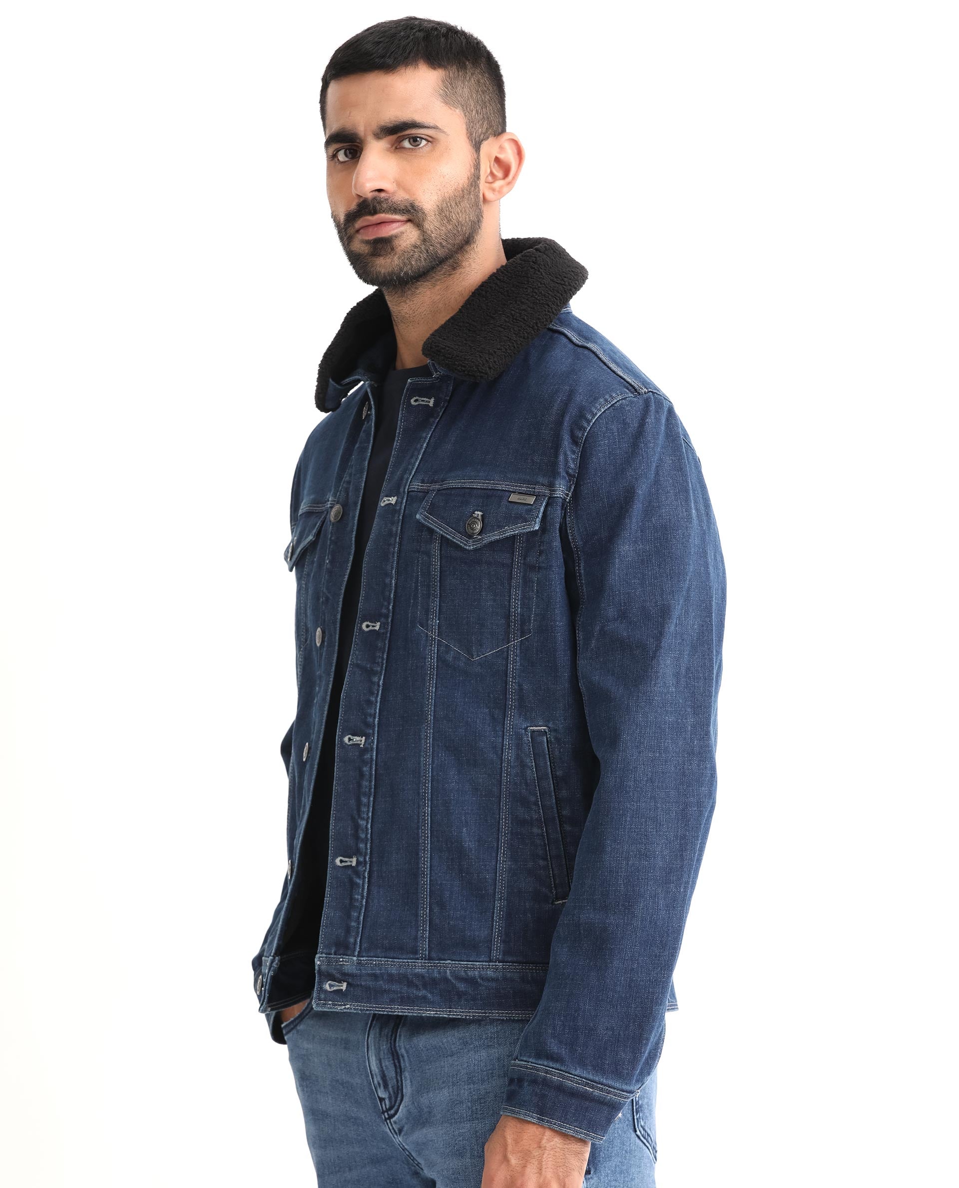 Rare Rabbit Men's Rubik Dark Blue Fleece Collar Dark Wash Denim Trucker