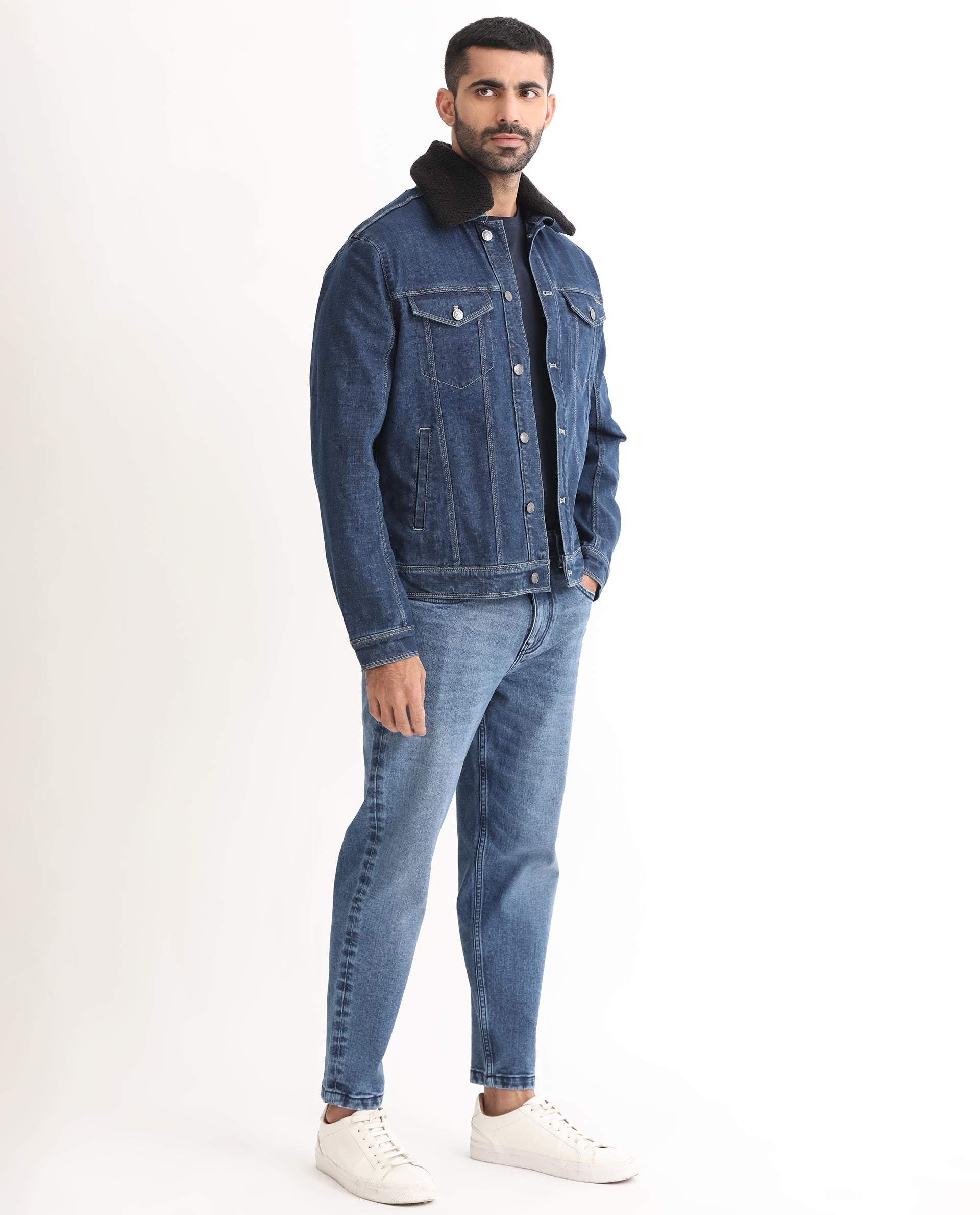 Rare Rabbit Men's Rubik Dark Blue Fleece Collar Dark Wash Denim Trucker