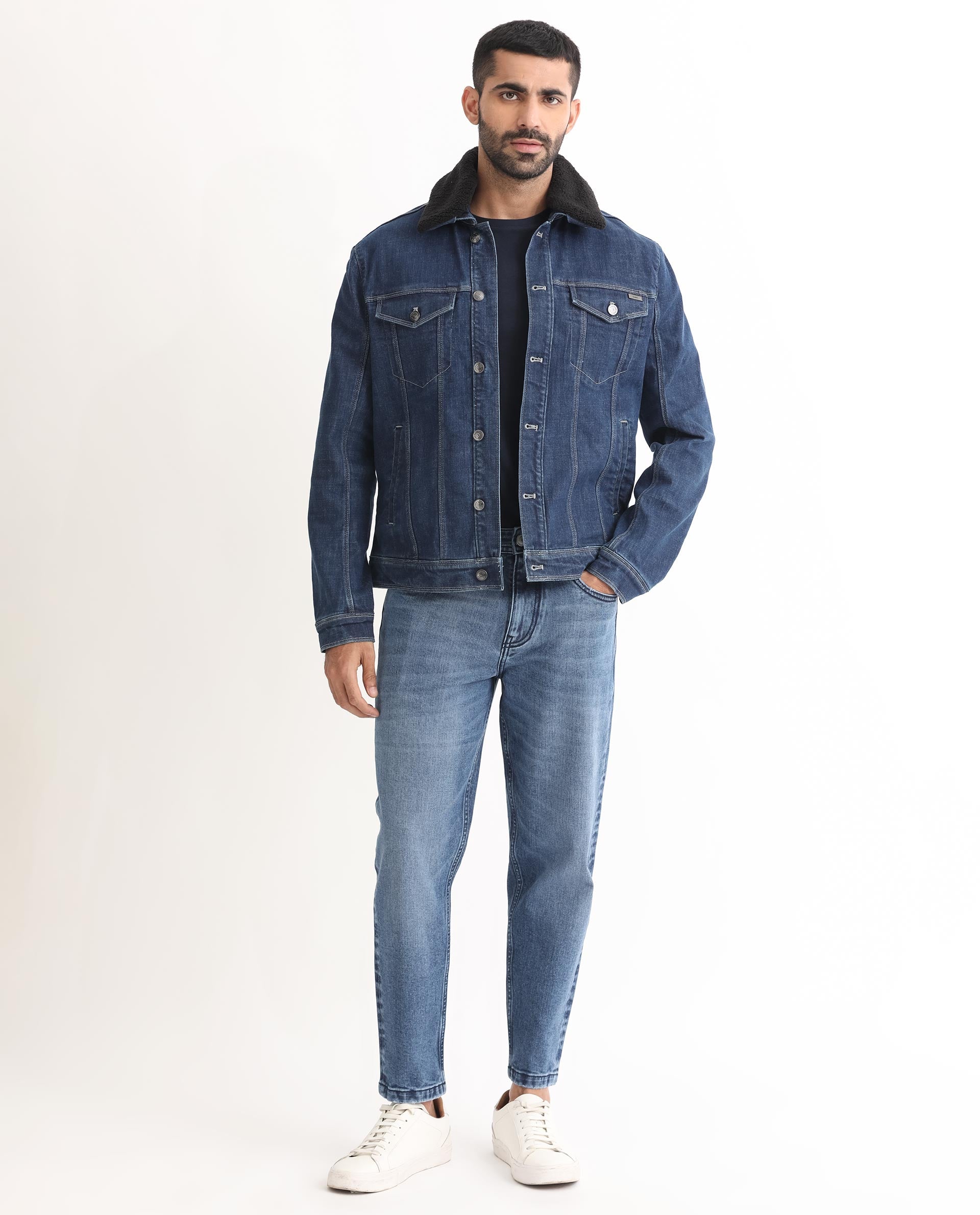 Rare Rabbit Men's Rubik Dark Blue Fleece Collar Dark Wash Denim Trucker