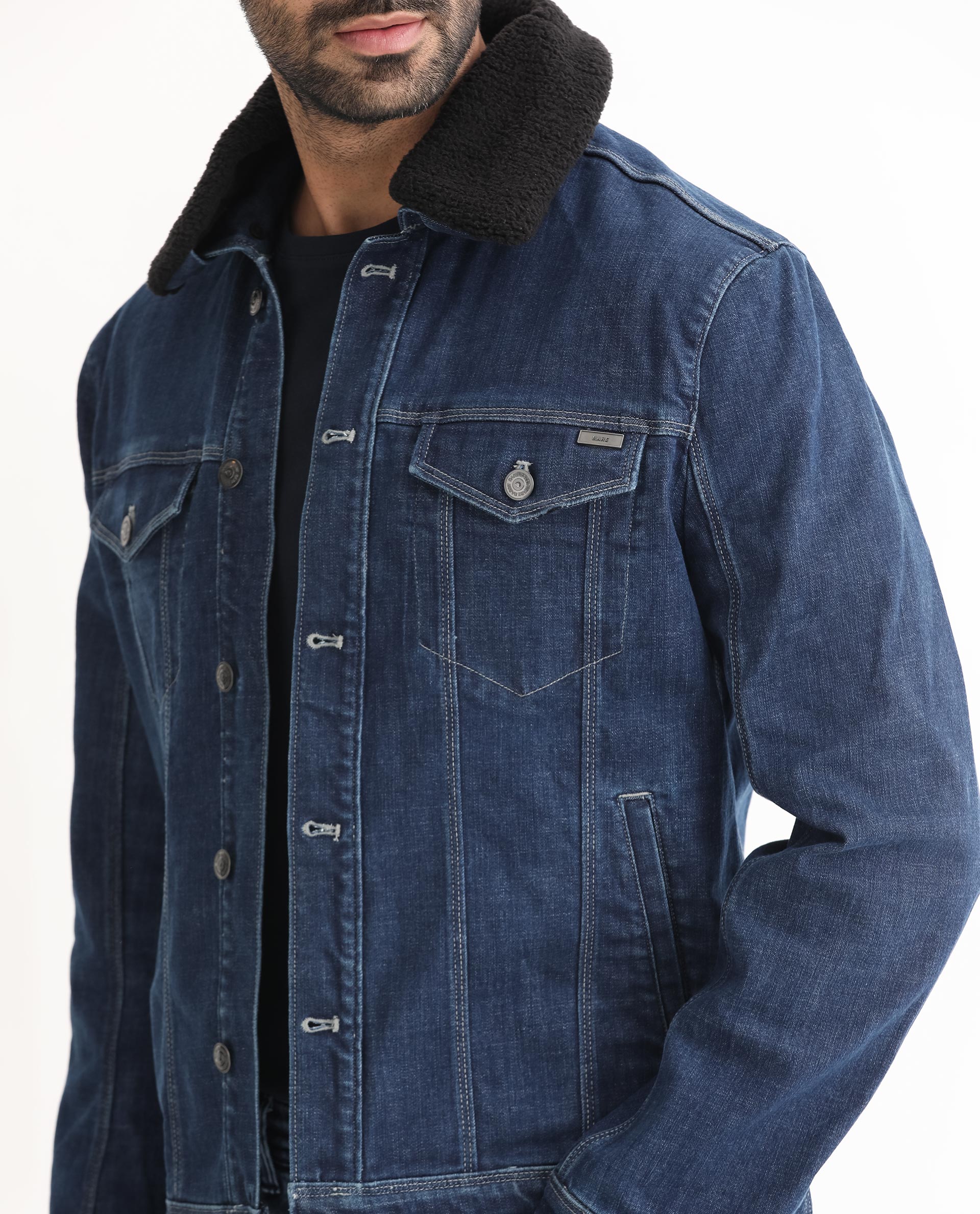 Rare Rabbit Men's Rubik Dark Blue Fleece Collar Dark Wash Denim Trucker