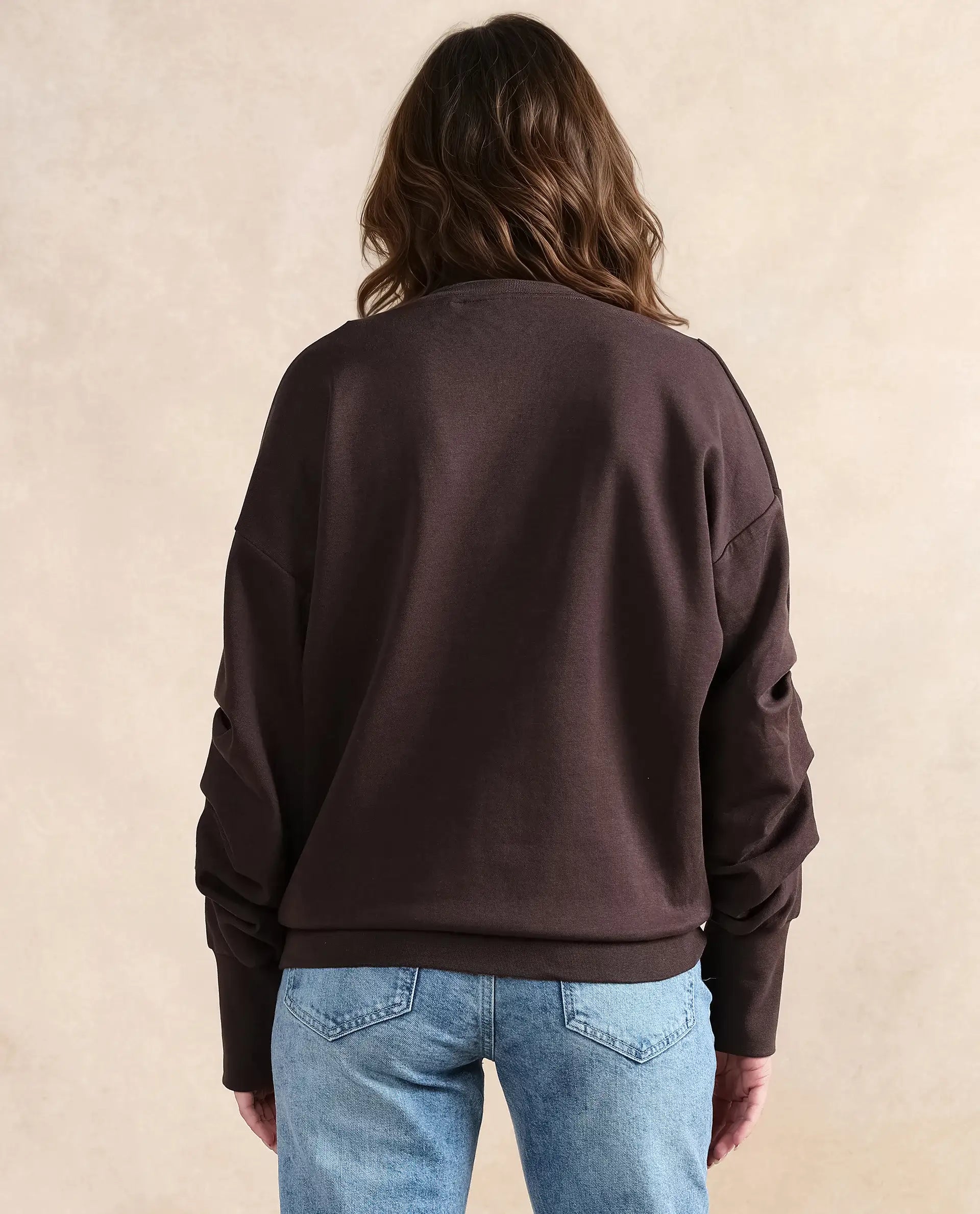 Rareism Women Ruch Brown Cotton Blend Fabric Full Sleeve Crew Neck Relaxed Fit Hip Length Plain Sweatshirt