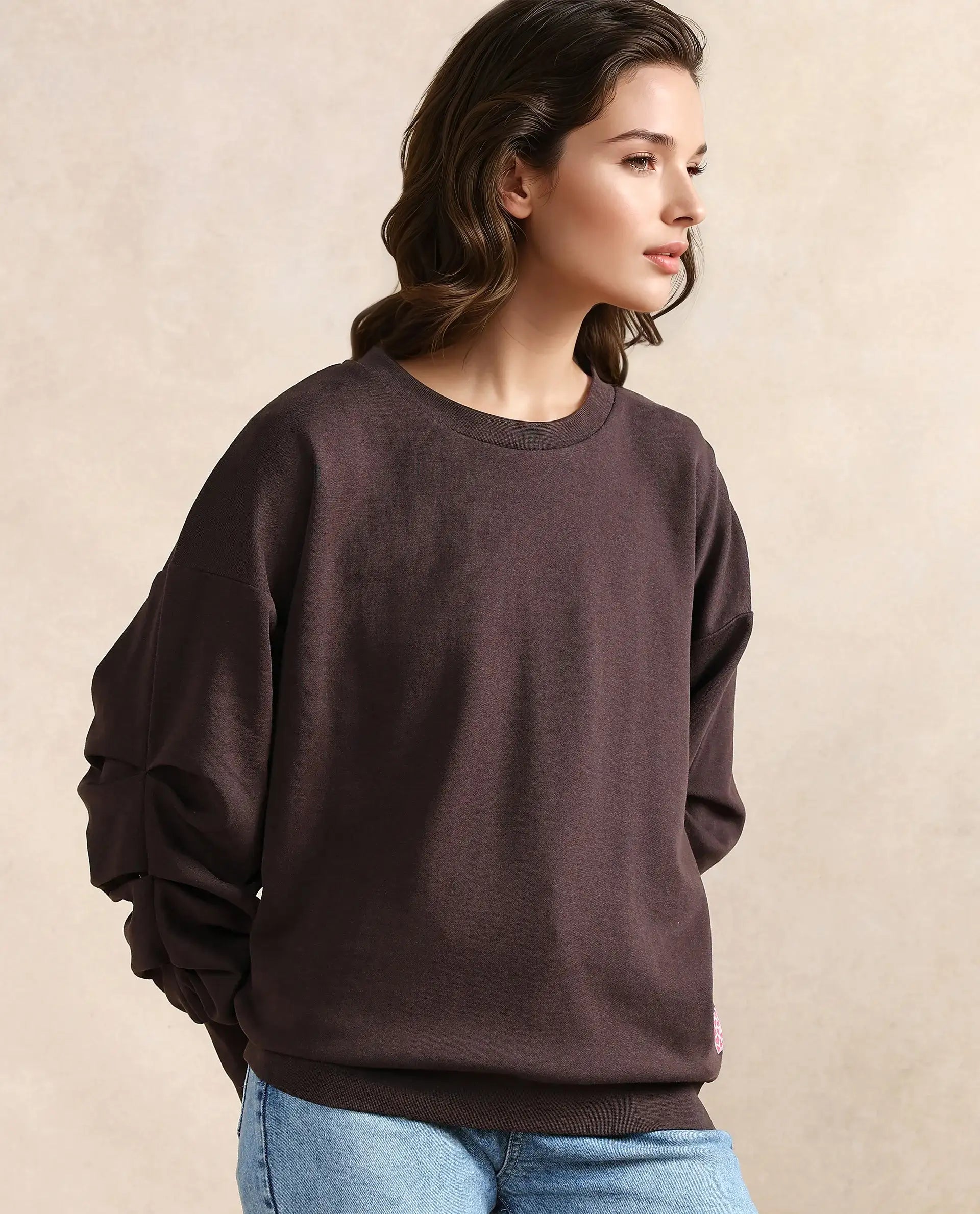 Rareism Women Ruch Brown Cotton Blend Fabric Full Sleeve Crew Neck Relaxed Fit Hip Length Plain Sweatshirt