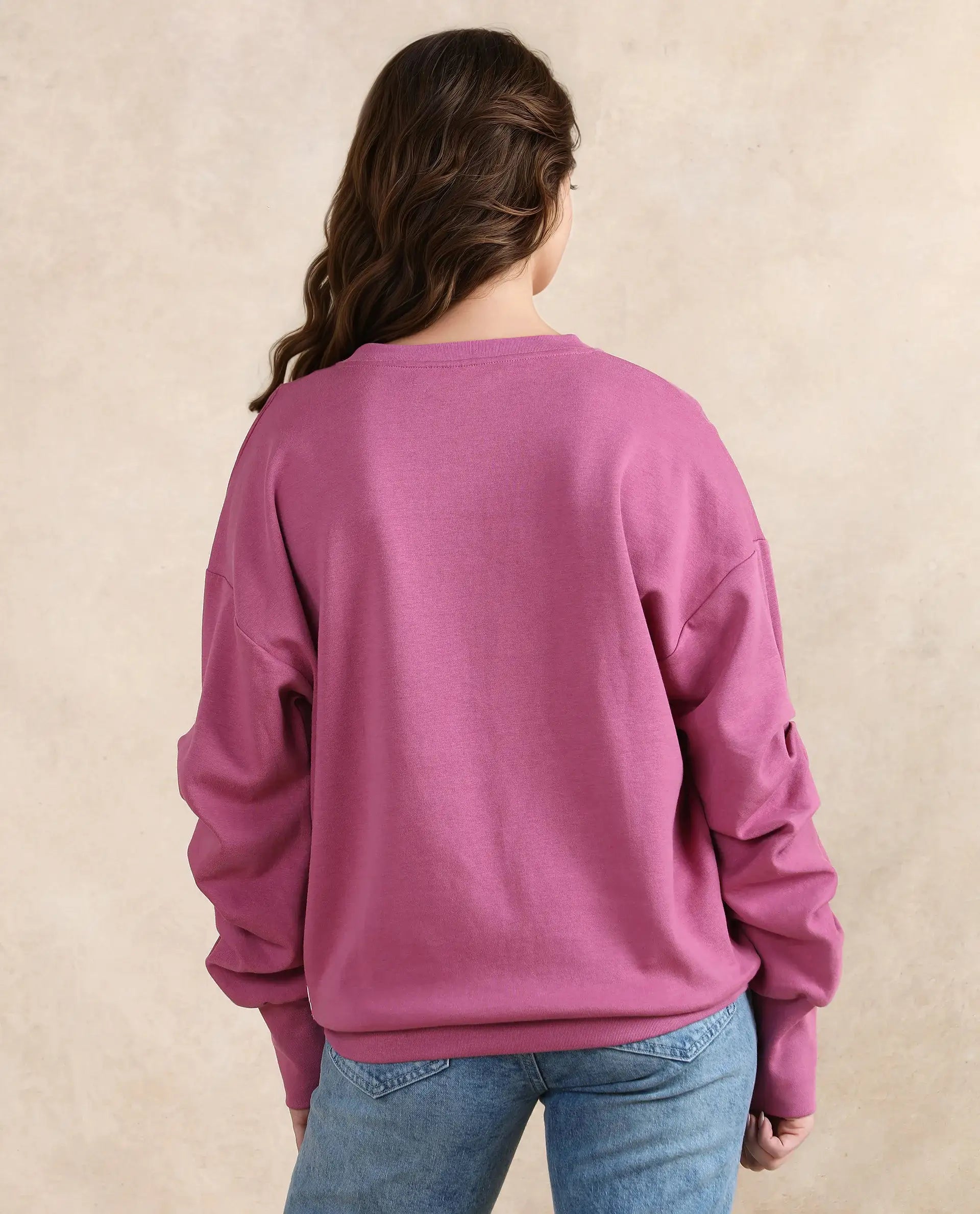 Rareism Women Ruch Dark Pink Cotton Blend Fabric Full Sleeve Crew Neck Relaxed Fit Hip Length Plain Sweatshirt
