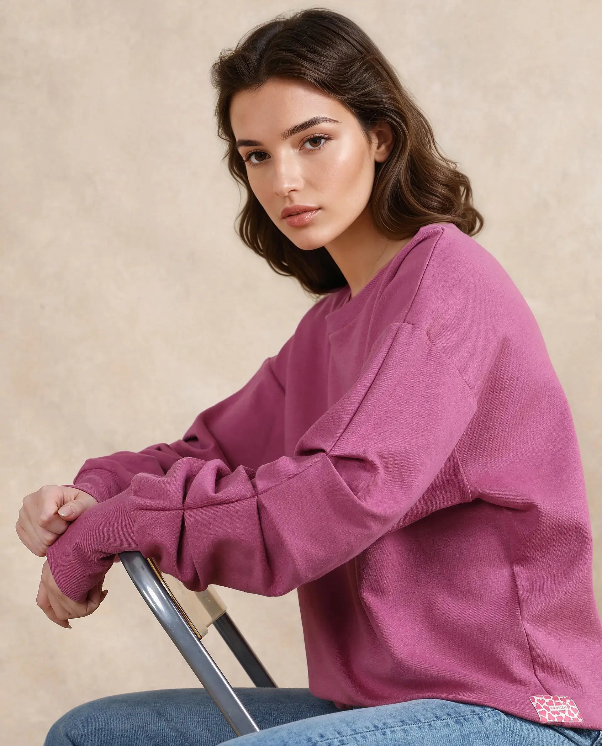 Rareism Women Ruch Dark Pink Cotton Blend Fabric Full Sleeve Crew Neck Relaxed Fit Hip Length Plain Sweatshirt