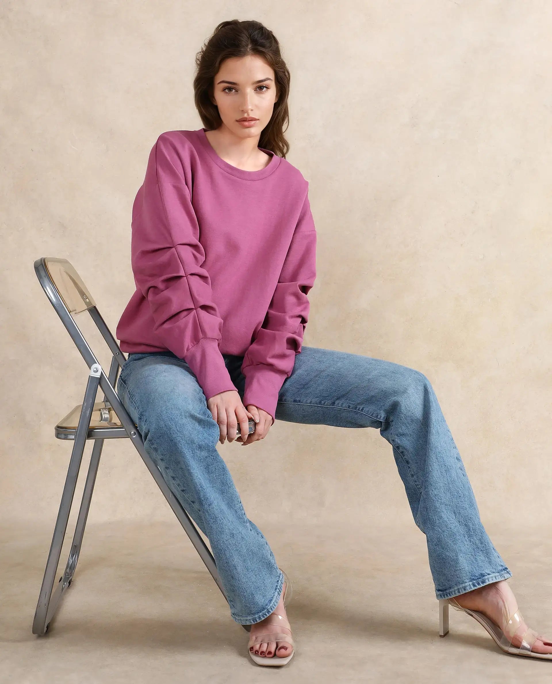 Rareism Women Ruch Dark Pink Cotton Blend Fabric Full Sleeve Crew Neck Relaxed Fit Hip Length Plain Sweatshirt
