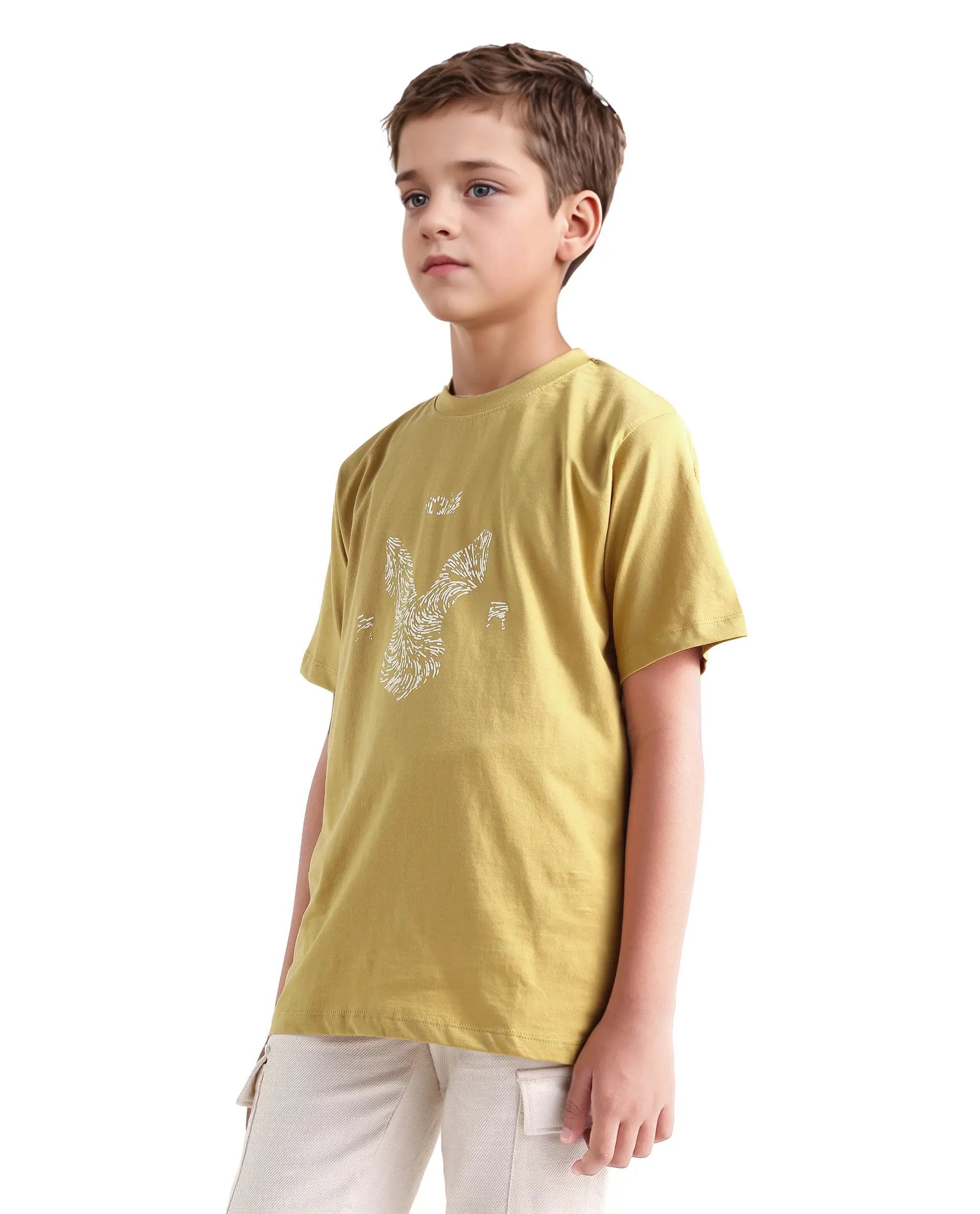 Rare Ones Kids Rude-K Dark Yellow Cotton Solid Regular Fit T-Shirt