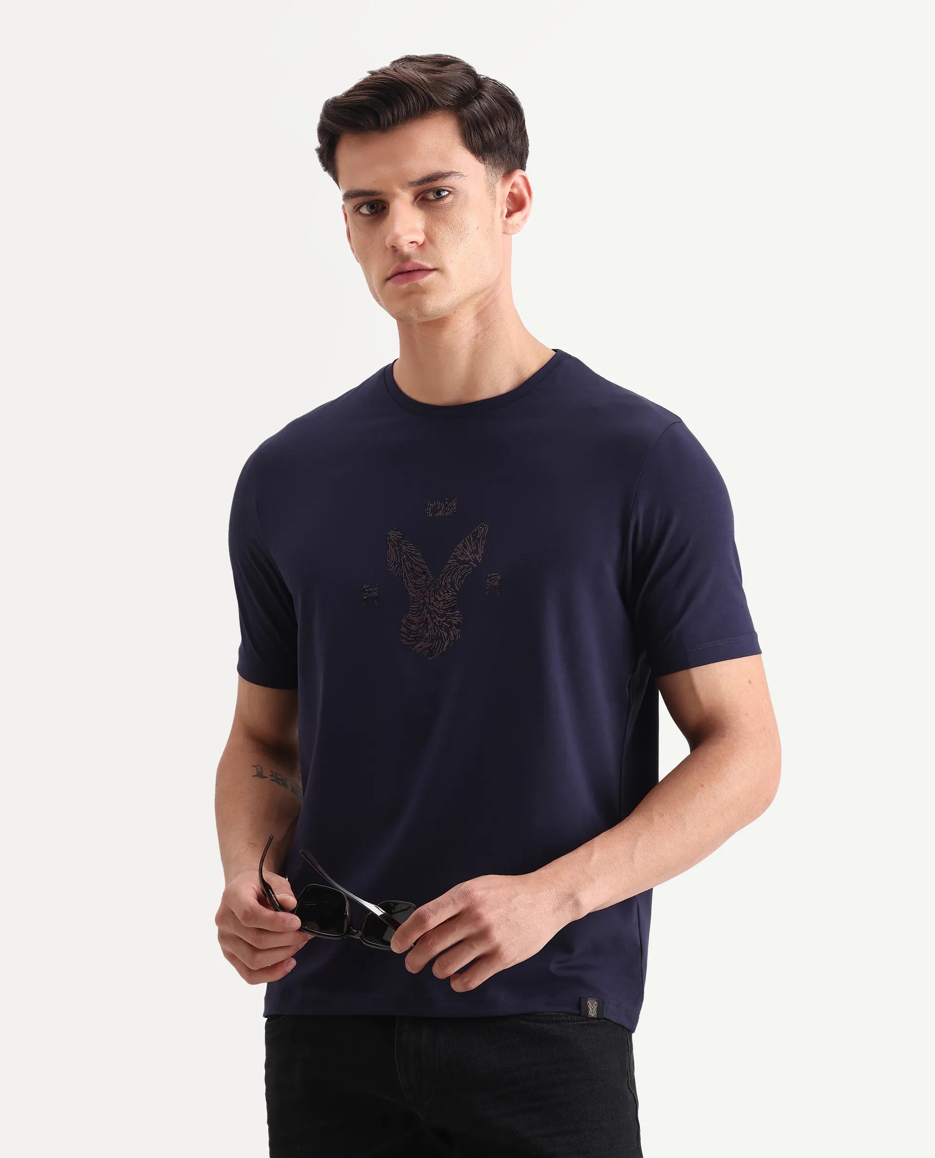 Rare Rabbit Men's Rudi Dark Navy Cotton Blend Graphic Print Regular Fit Half Sleeve Crew Neck T-Shirt